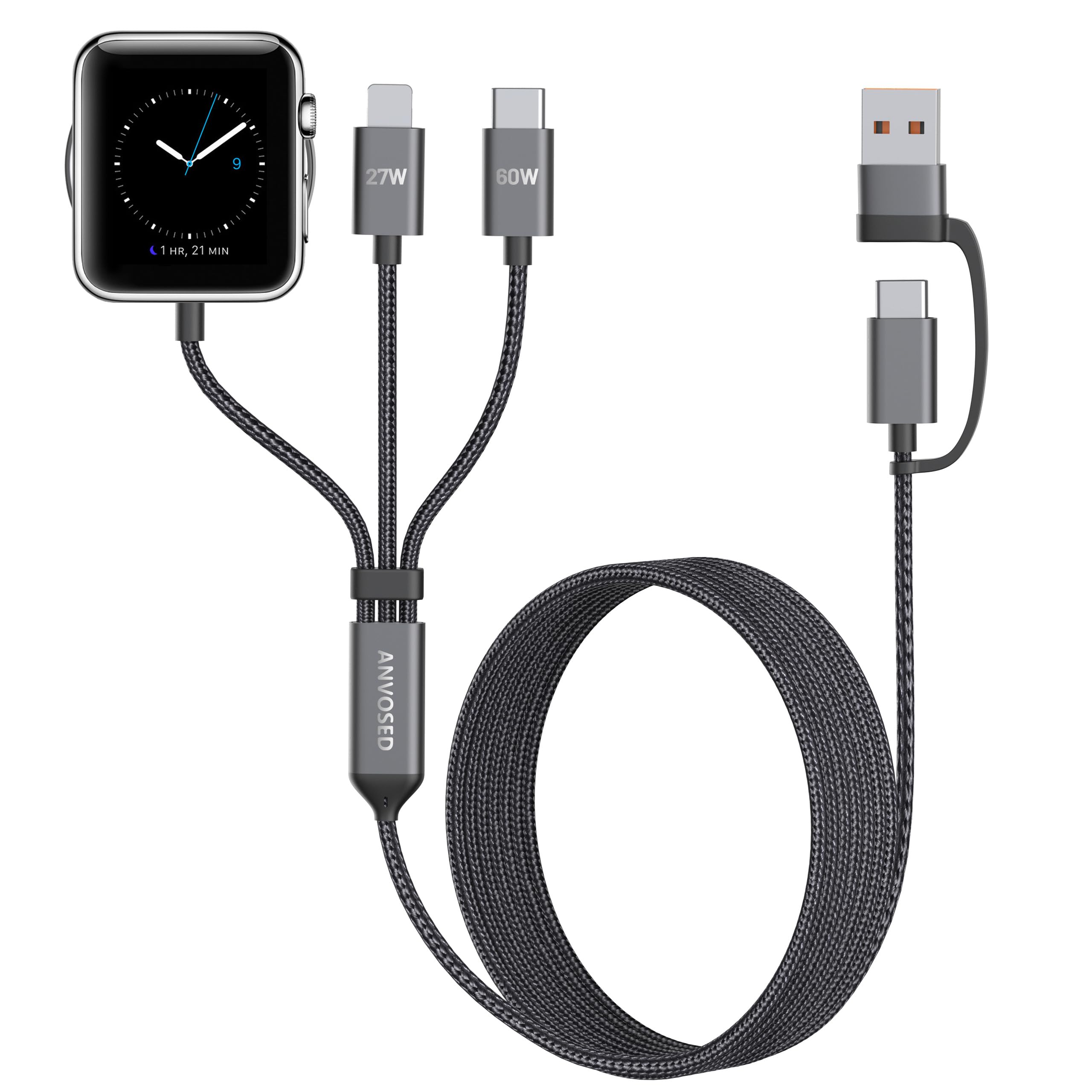 ANVOSED 60W Fast Charging Cable for Apple Watch Charger, 6-in-1 Portable Multi Charging Cable for Apple Watch Series 1-11/SE/Ult