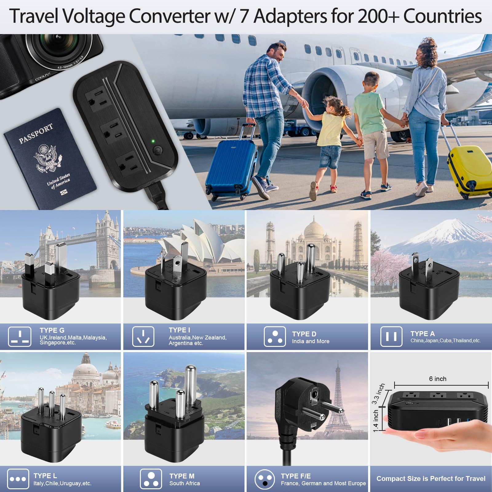 Voltage Converter 2300W International Power Converter Step Down 220V/240V To 110V/120V Travel Adapter W/ 3 Usb + 1 Type C+ 3 Ac