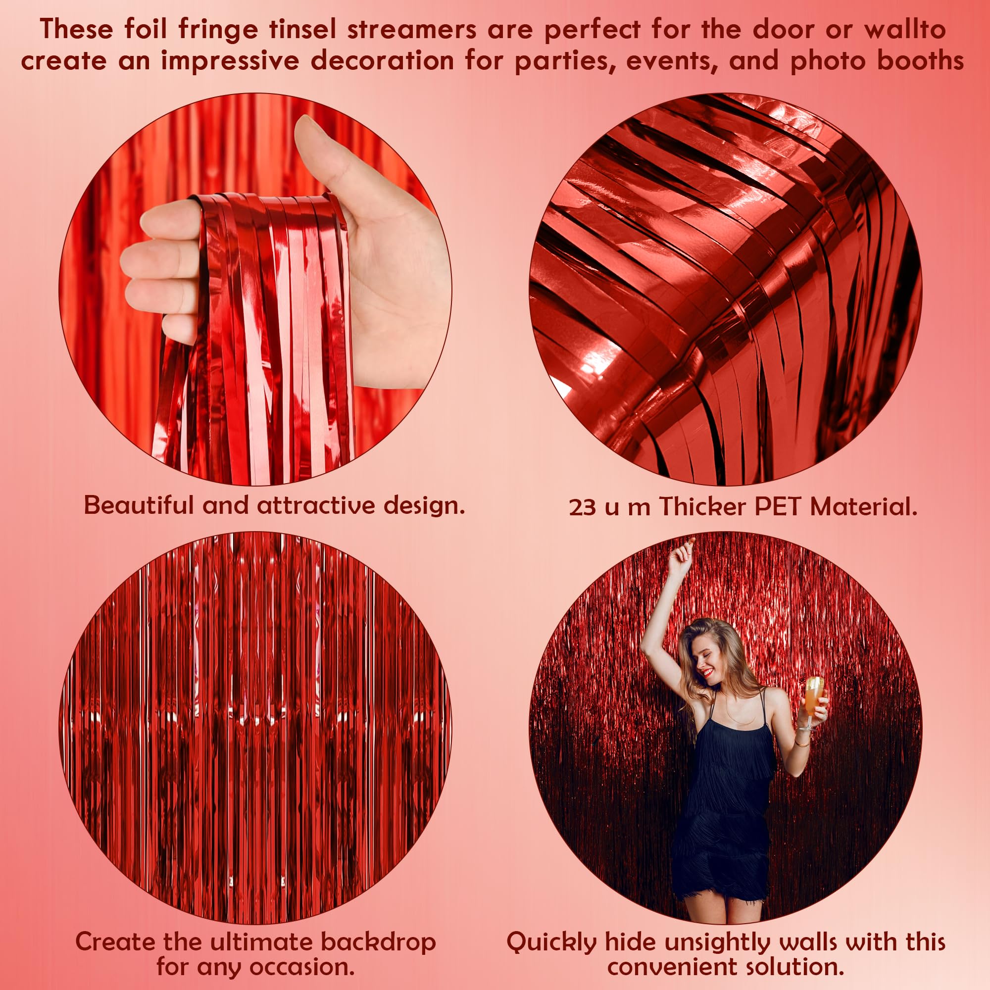 Ohome Red Tinsel Curtain Party Backdrop Foil Fringe Metallic Party Streamers Birthday Wedding Graduation Party Decorations   Chr