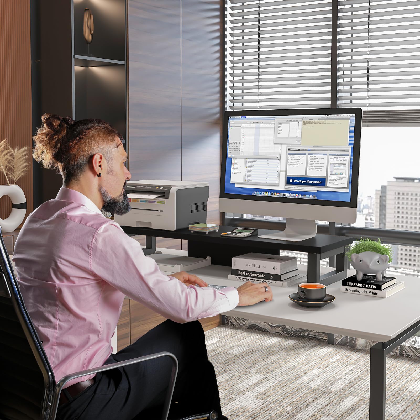 Westree Dual Monitor Stand Riser, Wood And Steel Monitor Stand Riser, Computer Monitor Stand For 2 Monitors, Multi Purpose Deskt