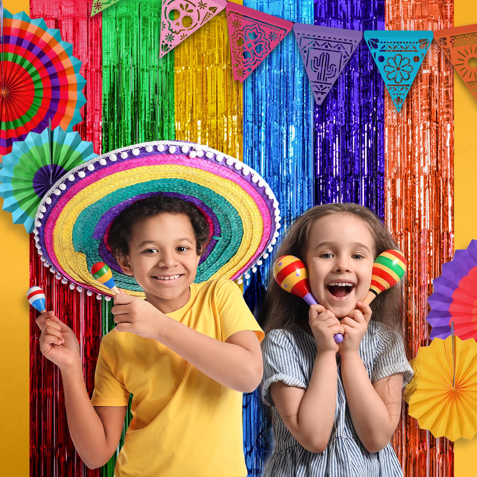 Mega L Fiesta Party Decorations Foil Curtain Backdrop 4 Pack Mexican Party 3.3X6.6Ft Tinsel Streamers Photo Booth Props For Cinc