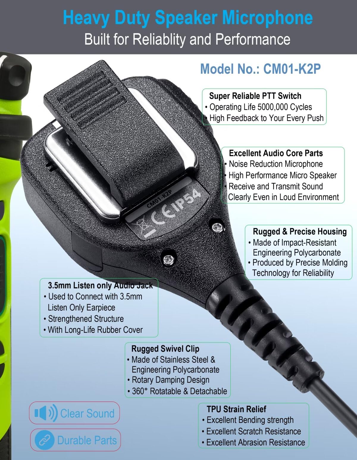 Commountain Speaker Mic For Kenwood Radios Walkie Talkies Nx 1300 Nx 1200 Nx 3220 Tk 3402 Nx P1300 & Baofeng Bf F8Hp Uv 5R Uv 82Hp Uv 82 Uv 82C Btech Retevis Radioddity Tyt Radios, Microphone 2 Pack