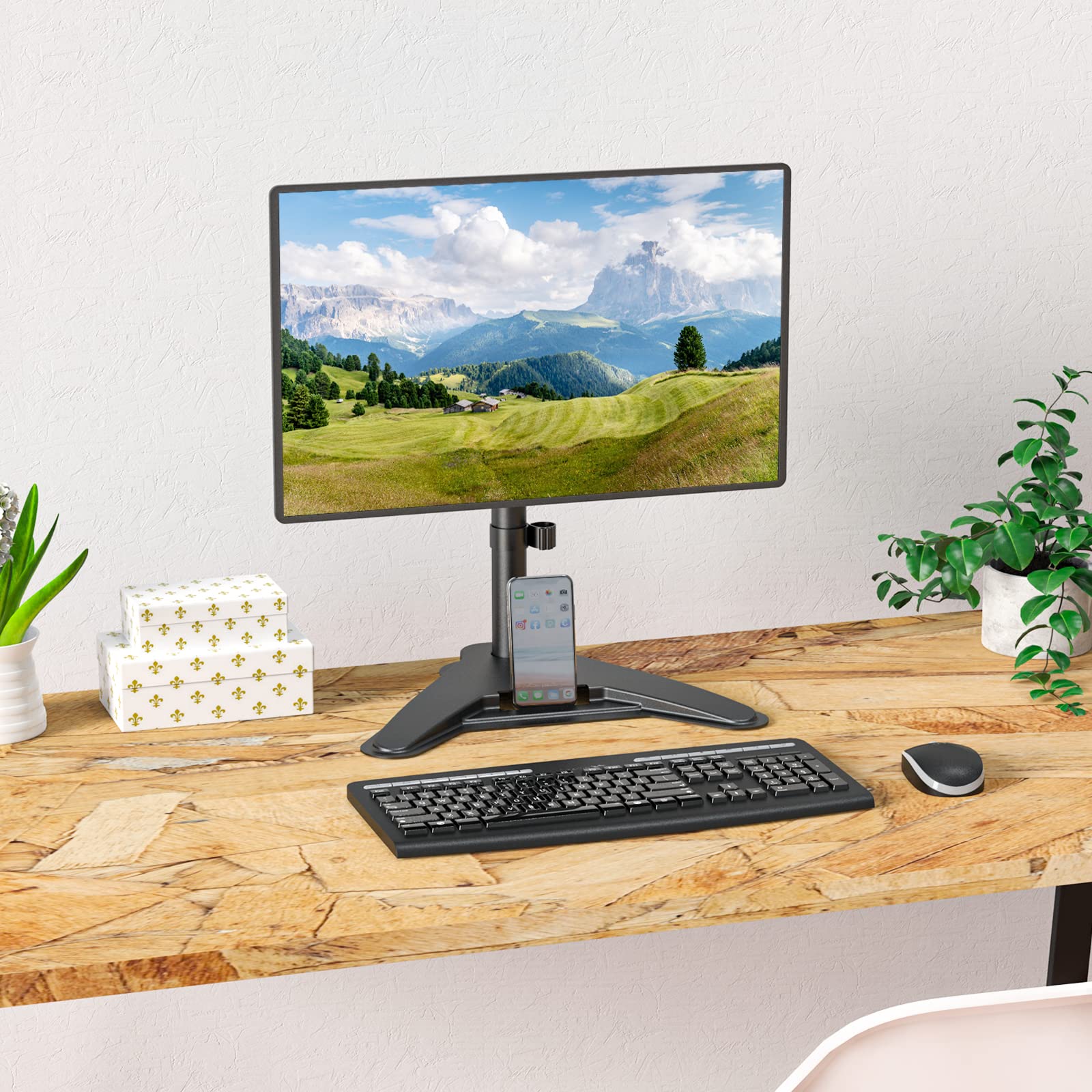 Wali Single Monitor Stand, Free Standing Vesa Mount Base With Phone Holder, Fits One Screen Up To 32 Inch (Mf001 P), Black