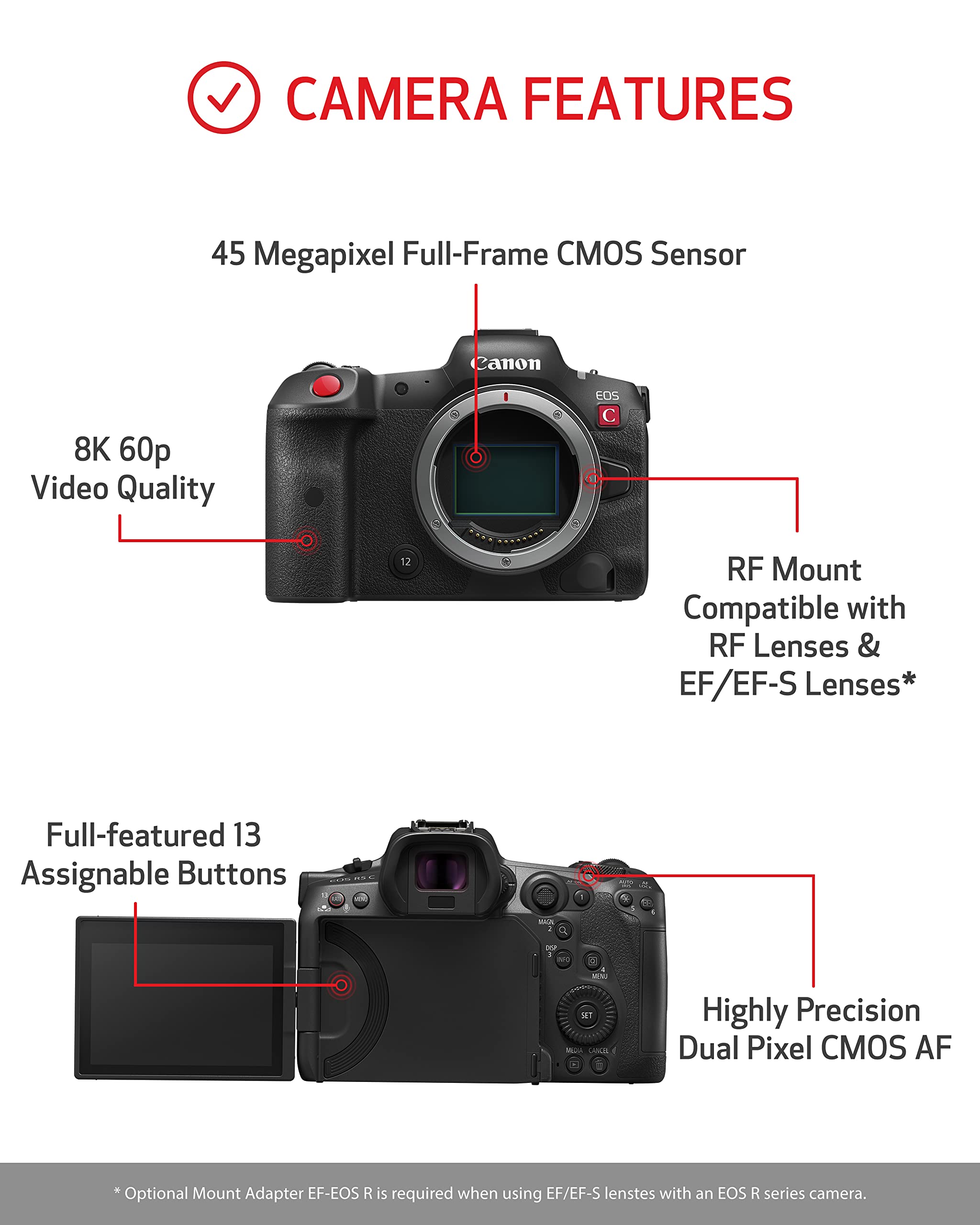 Canon EOS R5 C Mirrorless Camera (Body Only), 45 Megapixel CMOS Sensor, Hybrid Full Frame Cinema Camera, 8K/60P Internal RAW Recording, RF Mount, Black