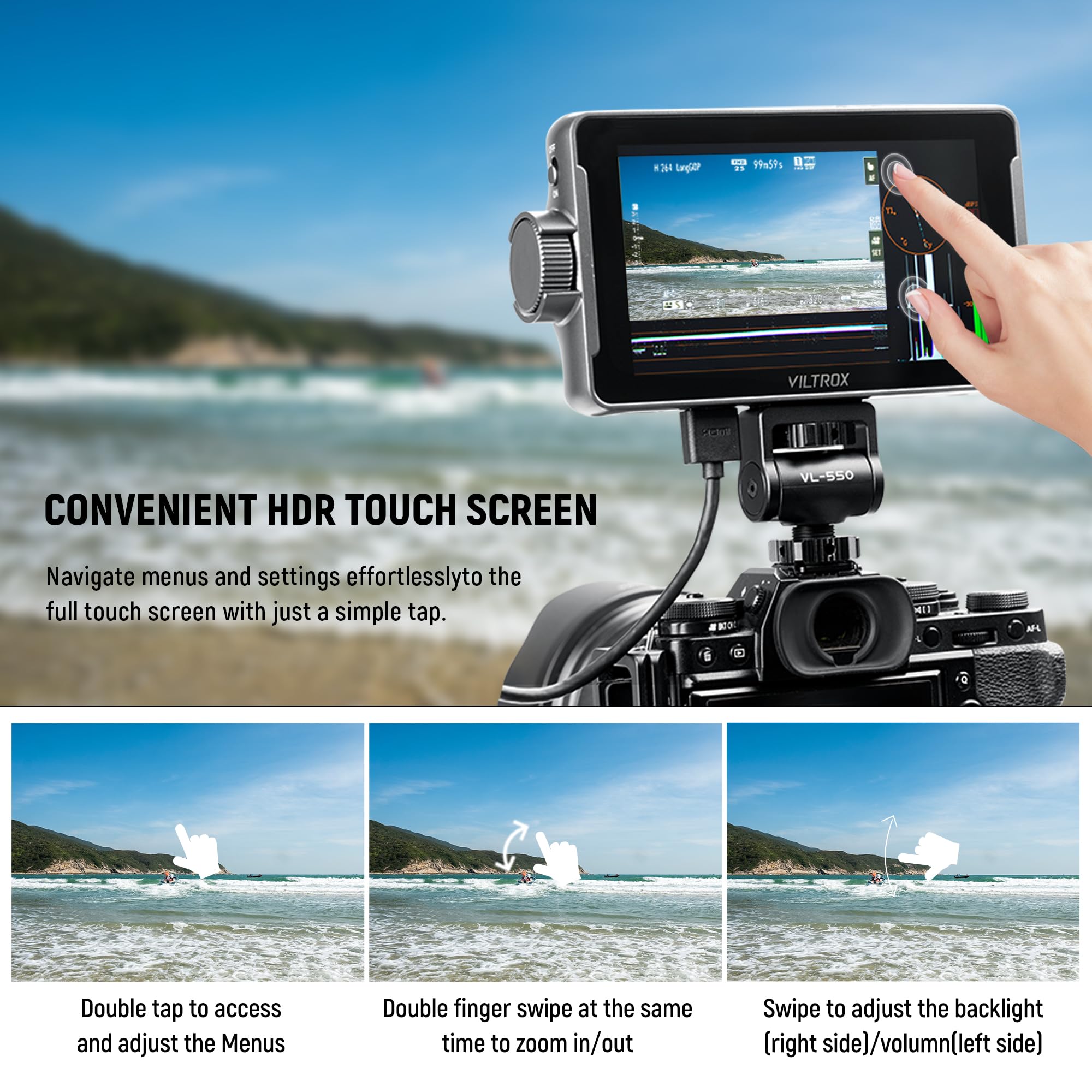 Viltrox Dc 550 Pro 5.5 Inch Camera Field Monitor, 4K Hdmi Touchscreen Dslr Camera Monitor With Battery Sunshade Hood, 1200 Nits