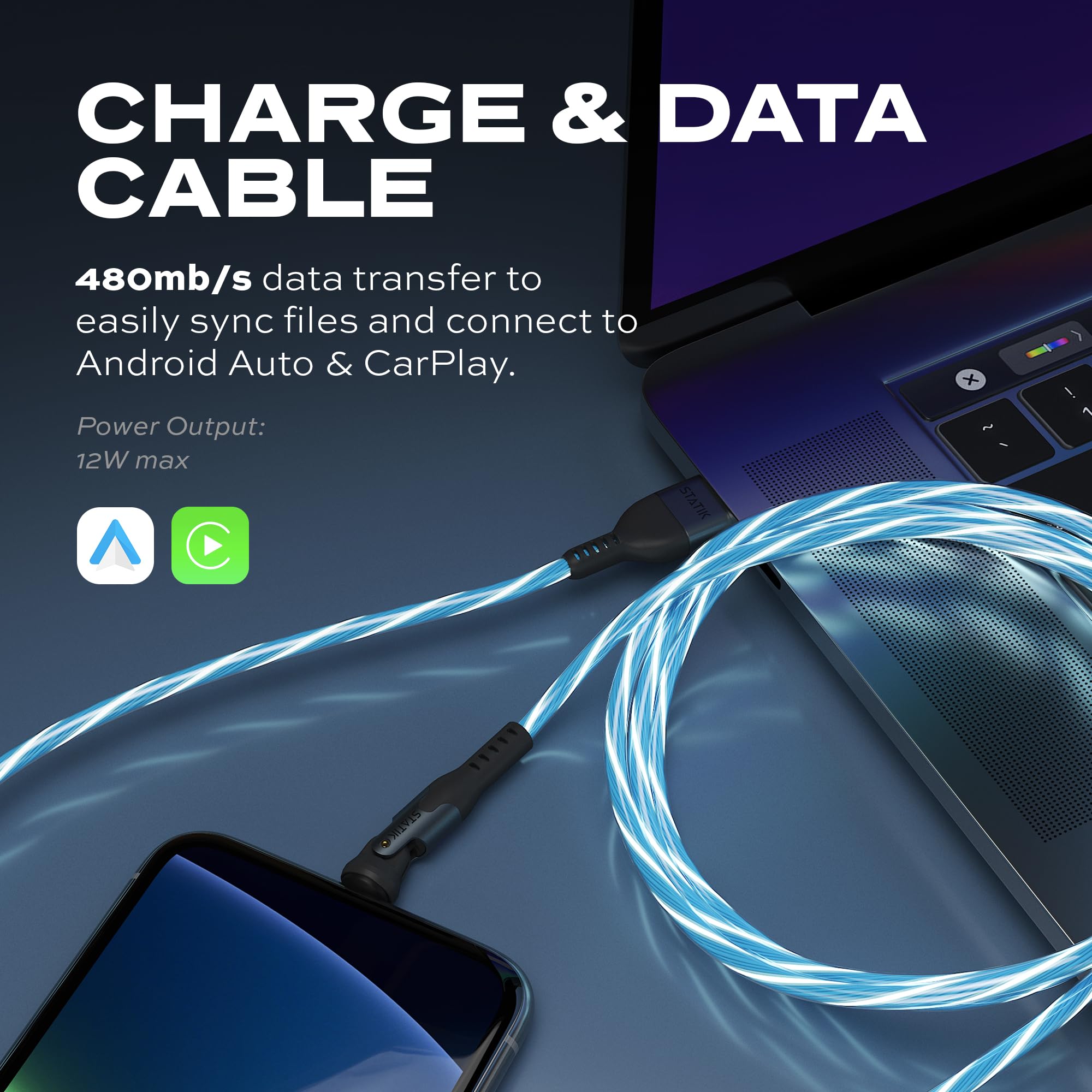 Statik Powerpivot 12W Globright Right Angle Charging Cable, Light Up Charging 90 Degree Swivel Head Cable, Led Glowing Usb C Cha