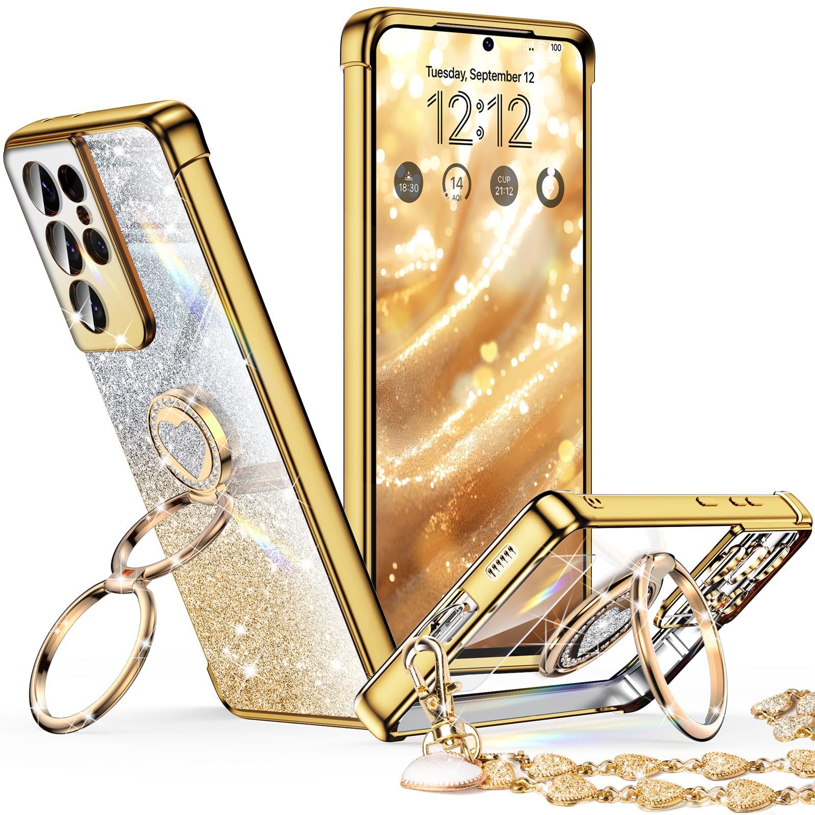 Xyz For Samsung Galaxy S21 Ultra Case With Stand, Galaxy S21 Ultra Case With Double Ring, Women Girls Bling Luxury Glitter Clear