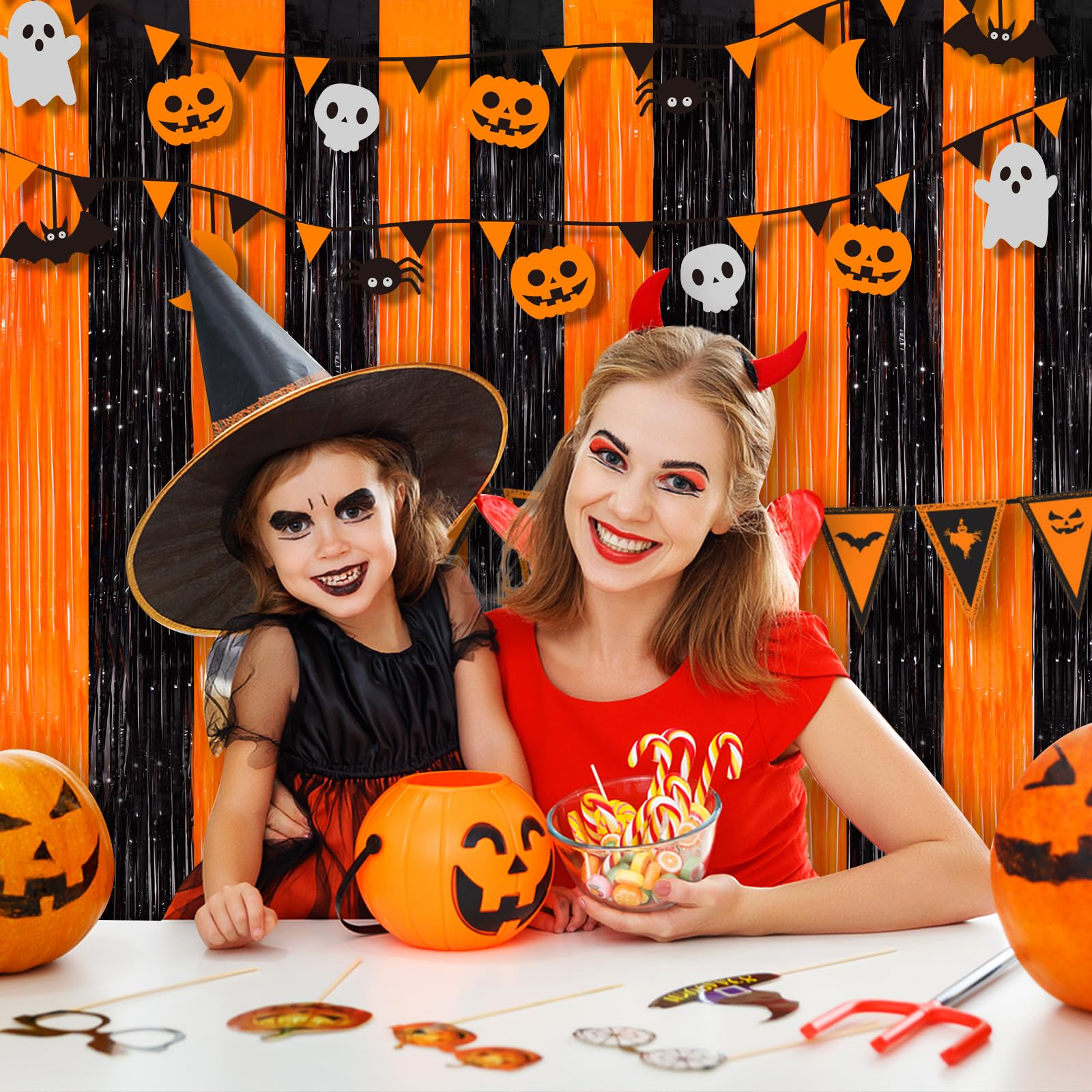 Orange Black Tinsel Foil Fringe Curtains, 2 Pack 3.3X8.3 Feet Party Streamer For Birthday Party Decorations, Halloween Decor, Fo