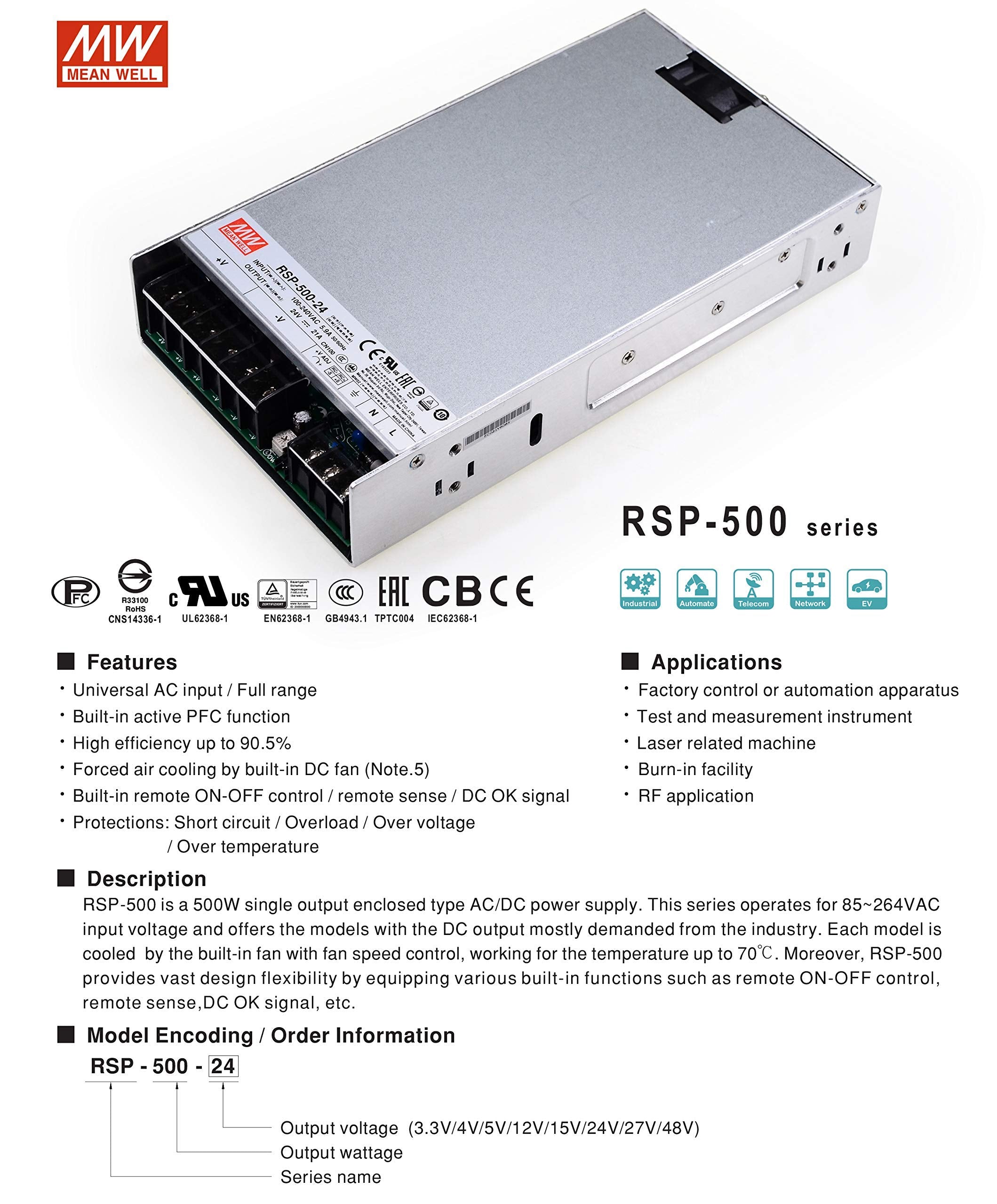 Mean Well Rsp 500 12 Dc 500W/12V/42A