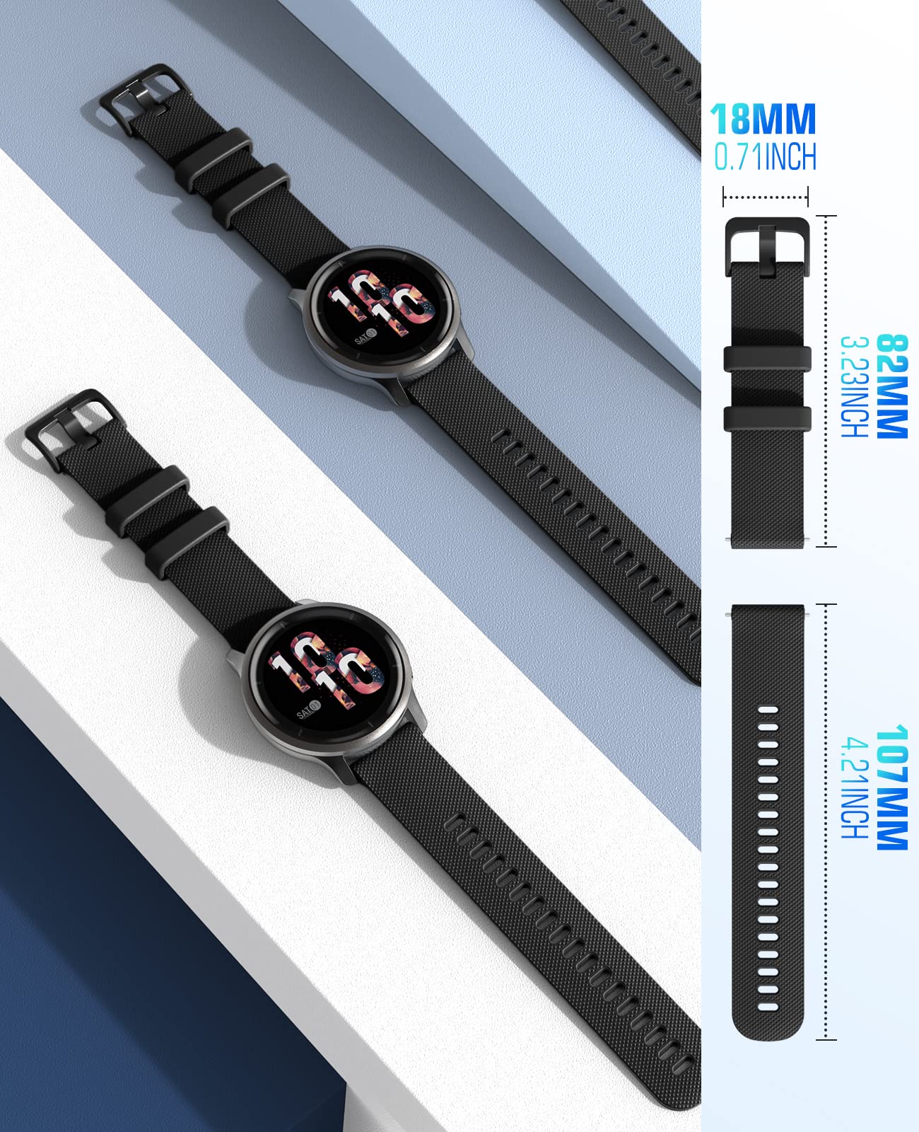 MoKo Watch Band Compatible with Garmin Forerunner 265S/255S/255S Music/Vivoactive 4S/Venu 3S/Venu 2S/Vivomove 3S Smartwatch, 18MM Soft Silicone Adjustable Replacement Strap, Black