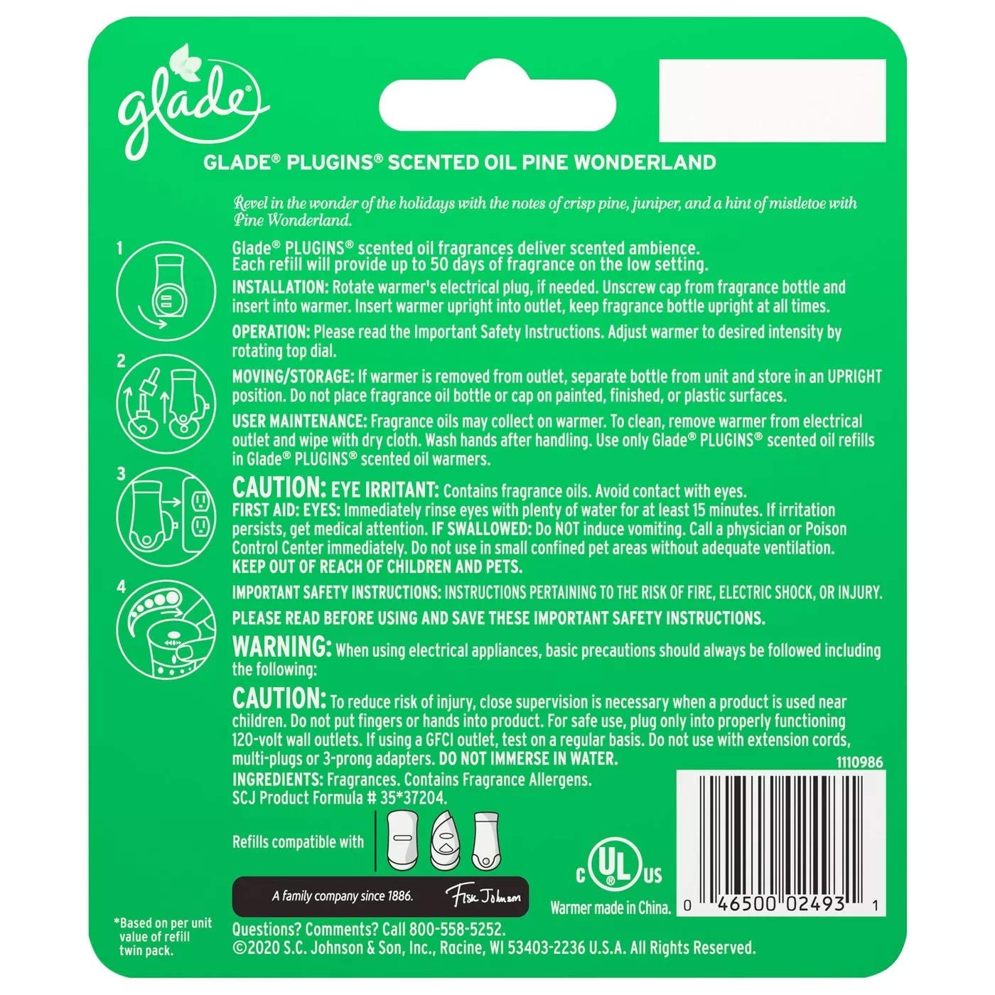 Glade Plugins Scented Oil Refill   Pine Wonderland   1 Count Refill & 1 Count Oil Warmer Per Package   Pack Of 2 Packages