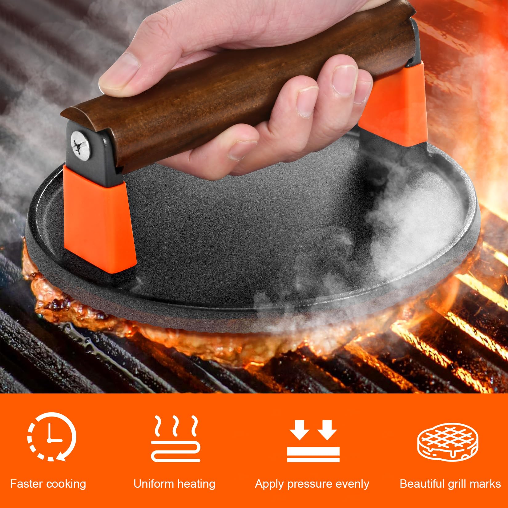 Ggc Smash Burger Press, Cast Iron Bacon Press For Hamburger, Steak, Bacon, Sandwiches, 7'' Round Meat Press With Wooden Handle F