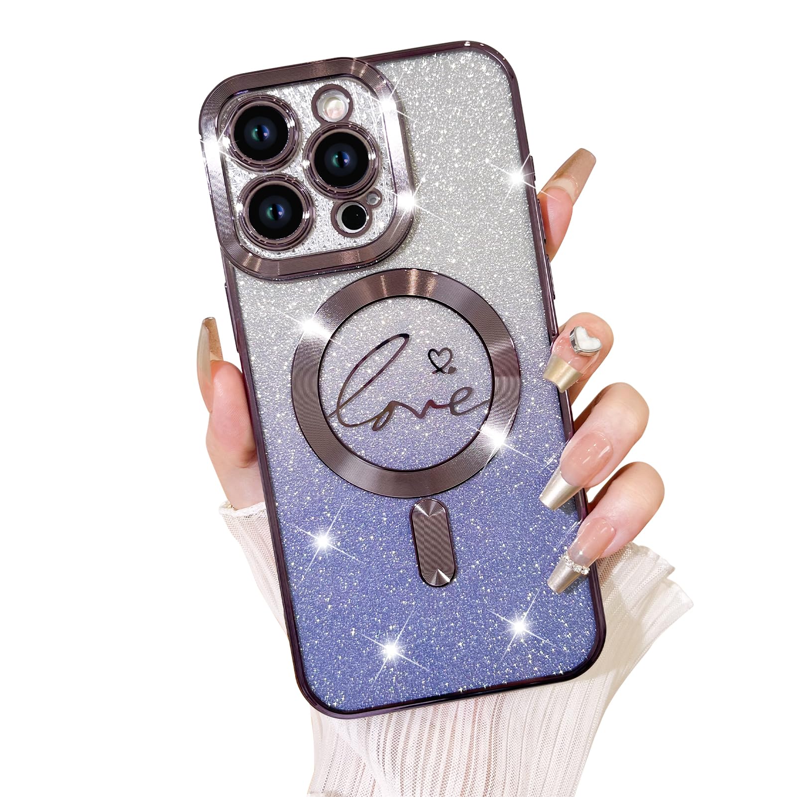 Fiyart Designed For Iphone 15 Pro Case,Compatible With Magsafe Love Heart Plating Camera Protection Clear Phone Case, Magnetic G