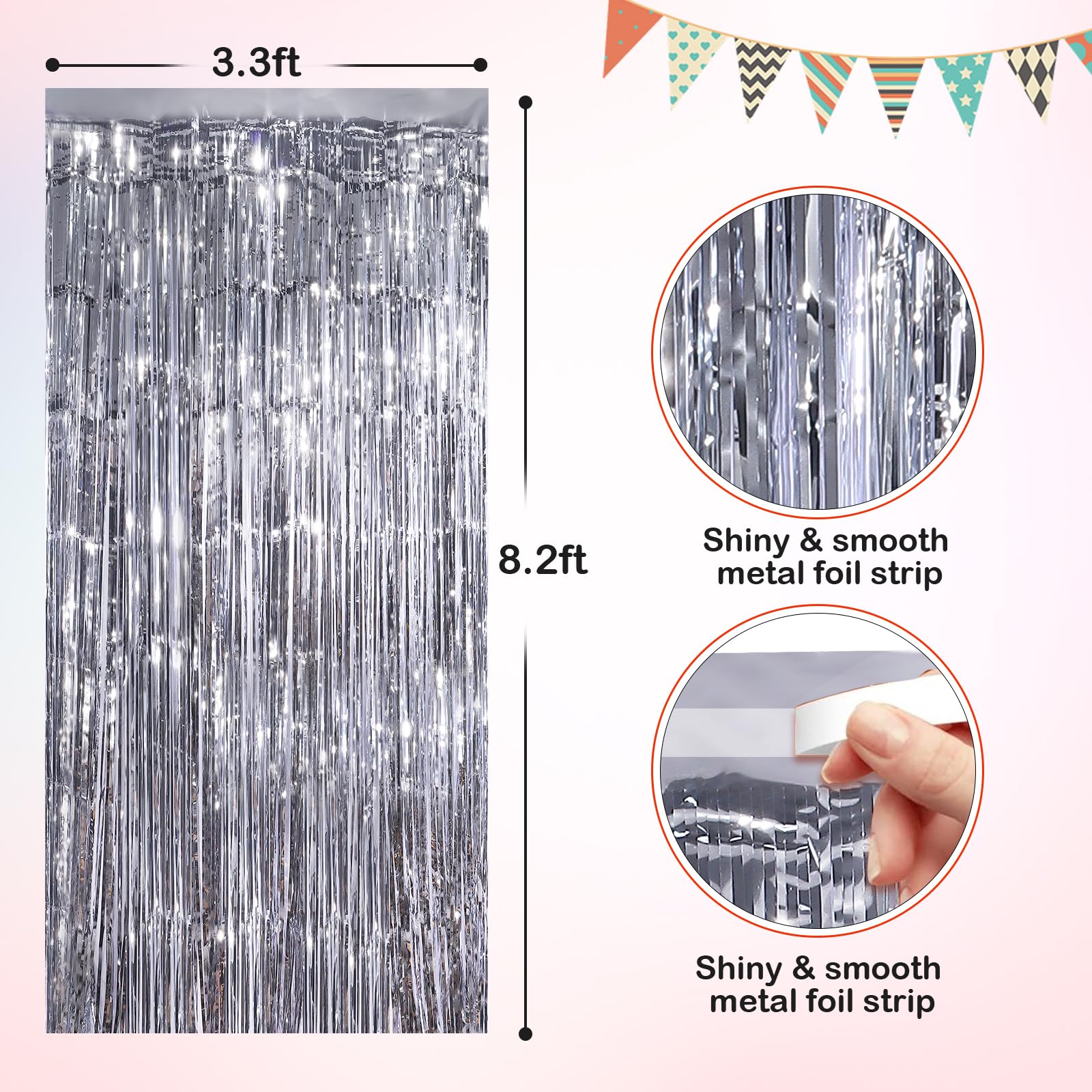 Silver Metallic Tinsel Foil Fringe Curtains, 2 Pack 3.3X8.3 Feet Party Streamer Curtains For Birthday Party Decorations, Hallowe