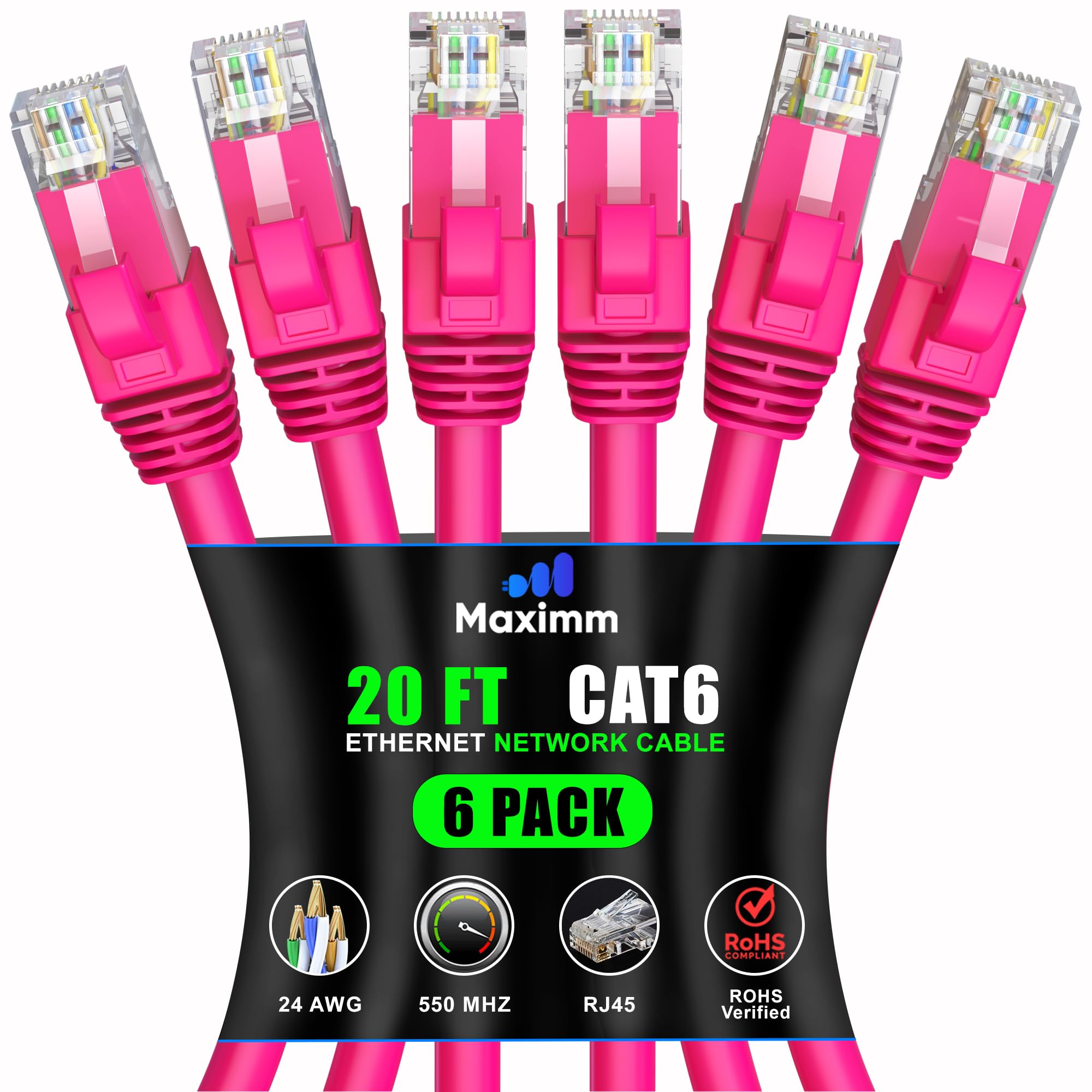 Maximm Cat 6 Ethernet Cable 20 Ft (6 Pack)   High Speed Lan Cable, Internet Cable, Patch Cable, And Network Cable   Utp, 10Gbps, 550Mhz Ethernet Cord   Pink
