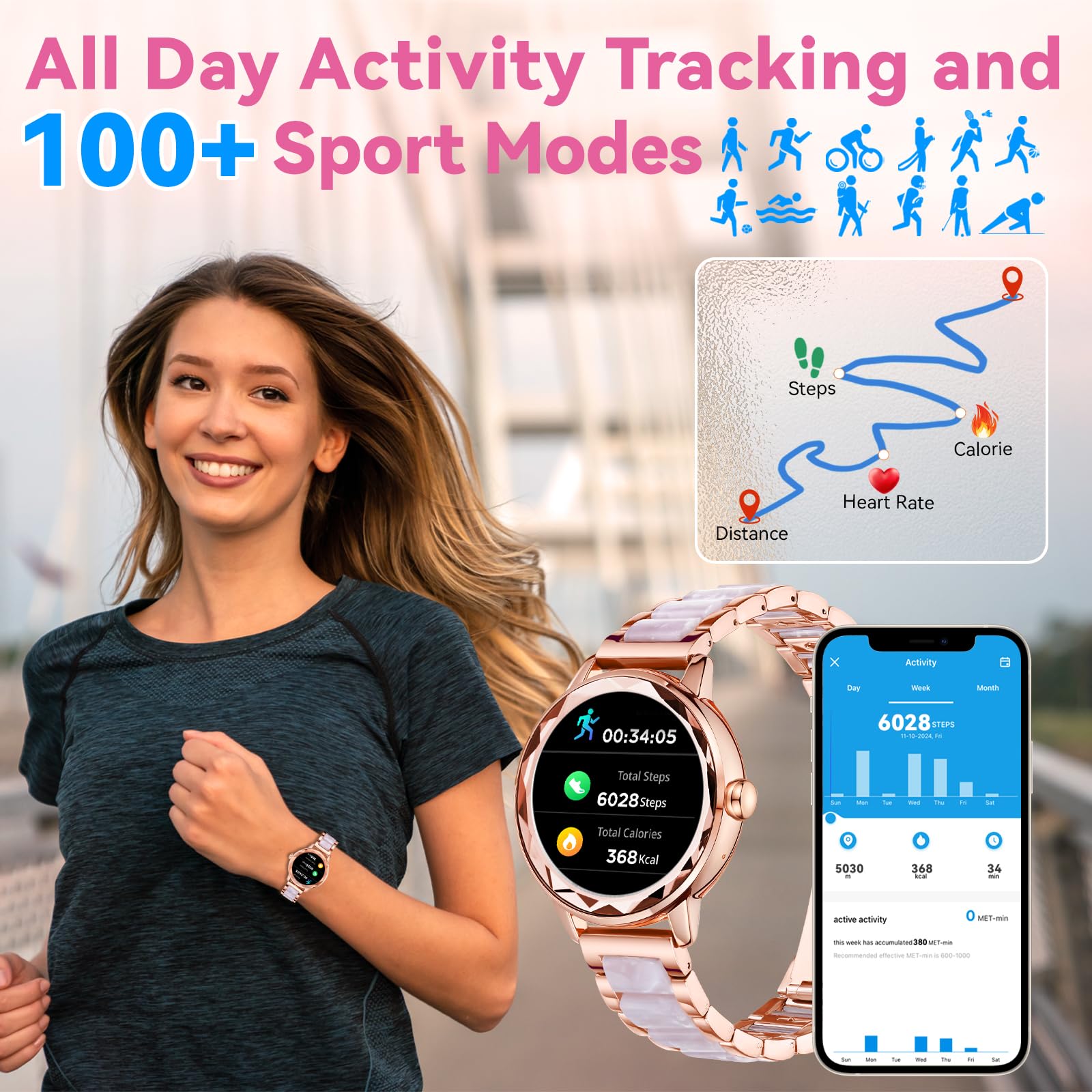 Smart Watch For Women With Make/Answer Call, 1.2 Adjustable Fitness Watch With Heart Rate Sleep Monitor Female Cycle And 100+ Sp