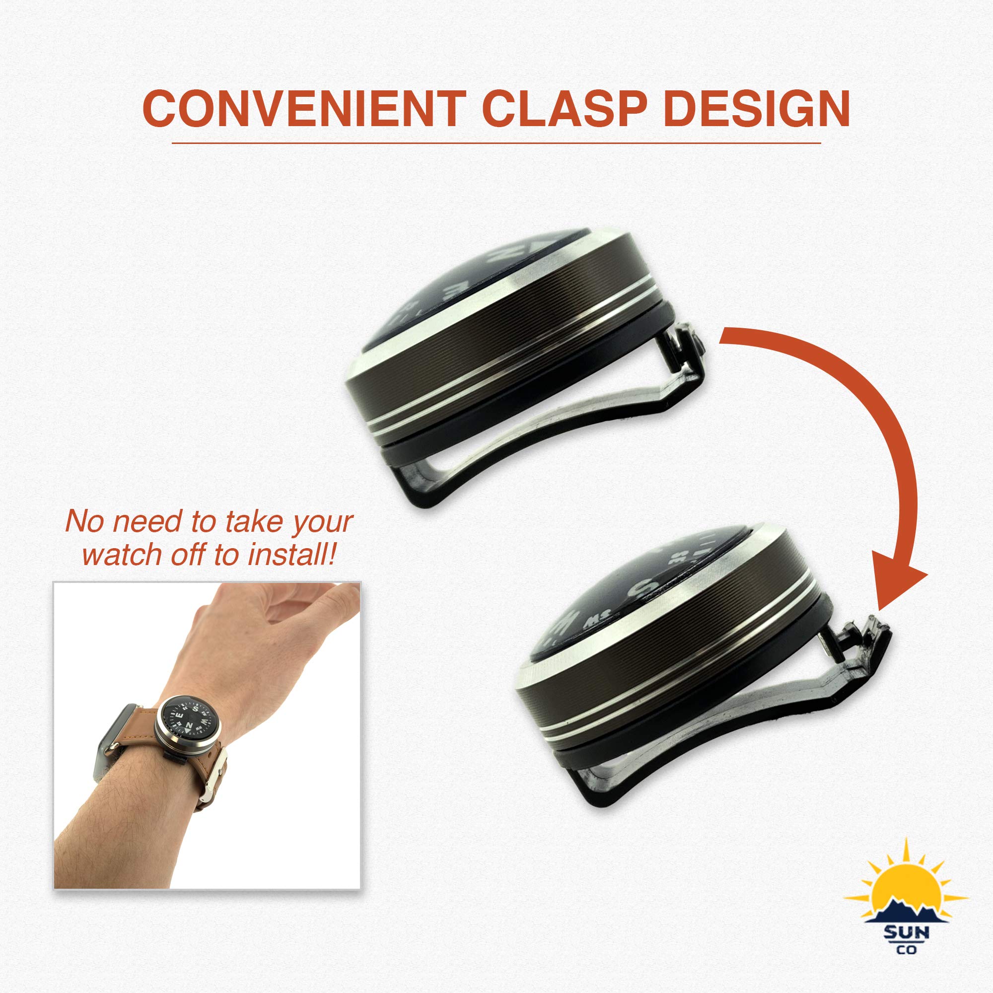 Sun Company Wristlock   Aluminum Wrist Compass For Watch Or Paracord Bracelet | Clip On, Locking Design | Accessory For Camping,