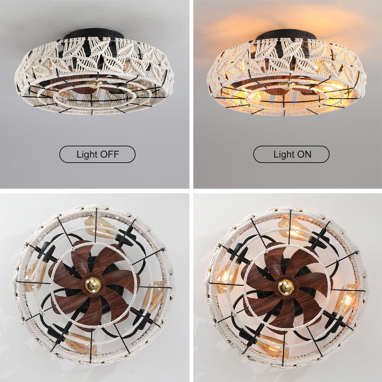 Xudom Boho Caged Ceiling Fans With Lights And Remote 20'' Flush Mount 6 Speed Reversible Enclosed Low Profile Handmade Cotton Ro
