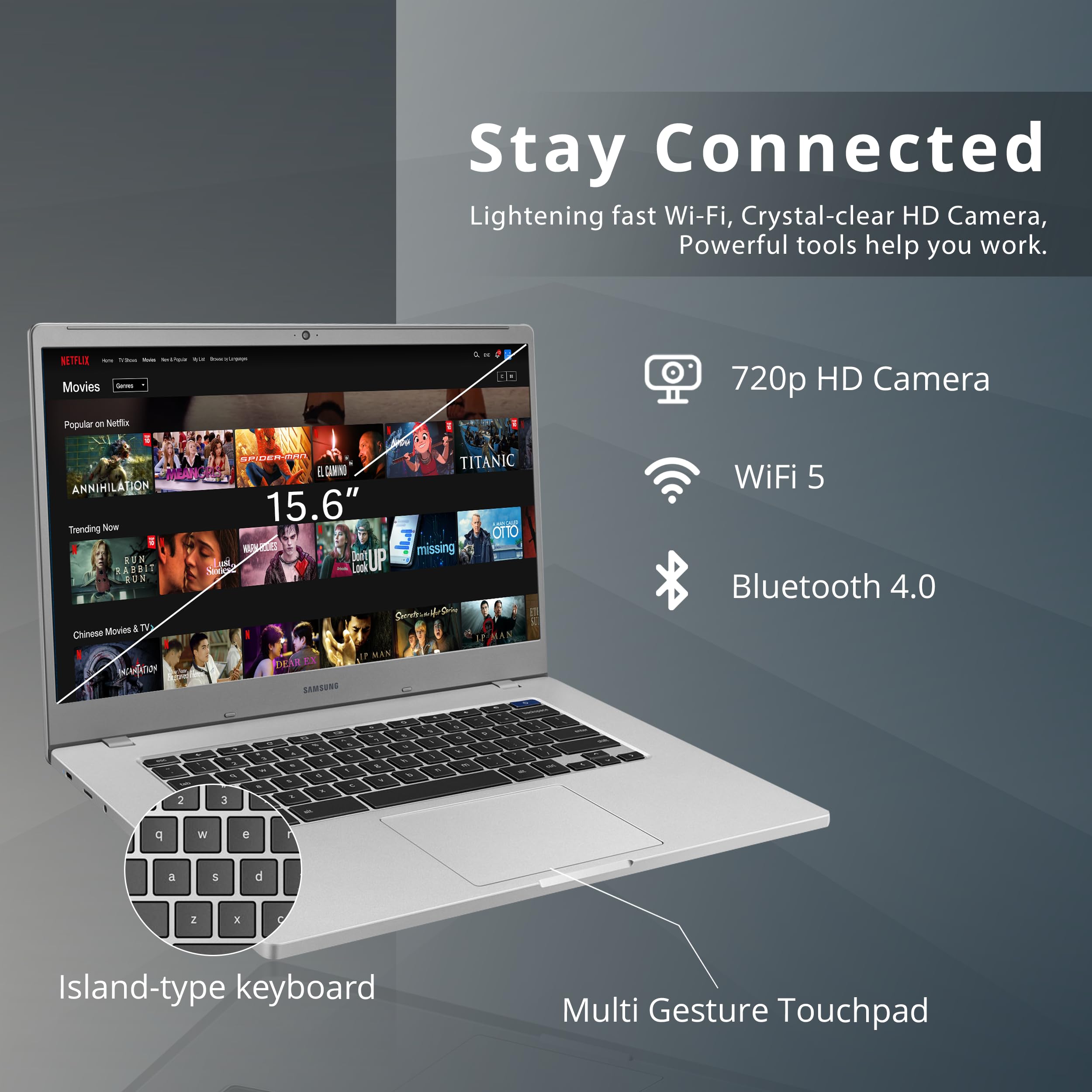 Samsung Chromebook Laptop, 15.6'' Fhd Led Display, Intel Celeron N4000, 4Gb Ram, 64Gb Emmc, Hd Webcam, Wi Fi 5, Bluetooth, Chrom