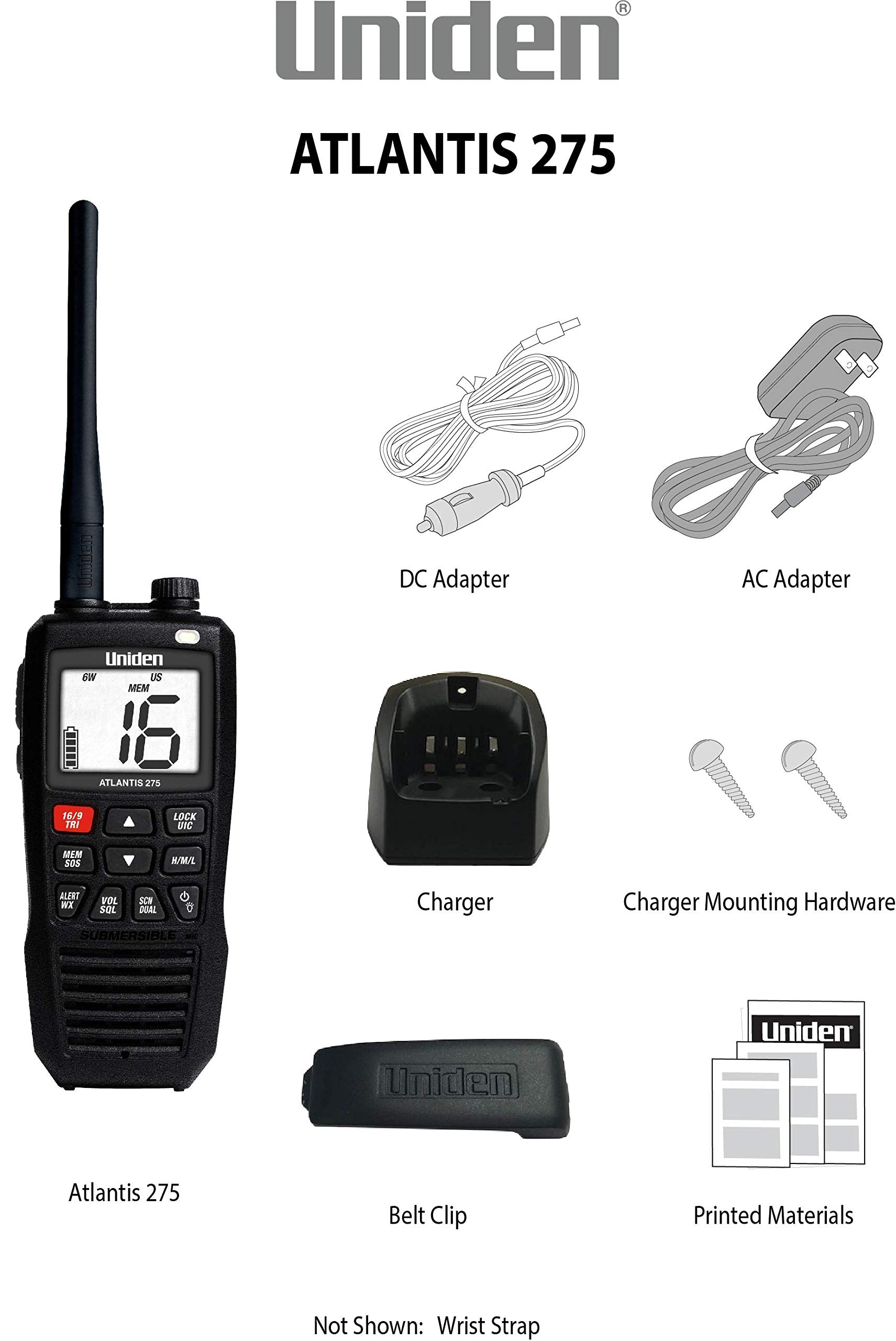 Uniden Atlantis 275 Handheld Two Way Vhf Marine Radio, Floating Ipx8 Submersible Waterproof, Large Dual Color Screen, 6 Watt, Al