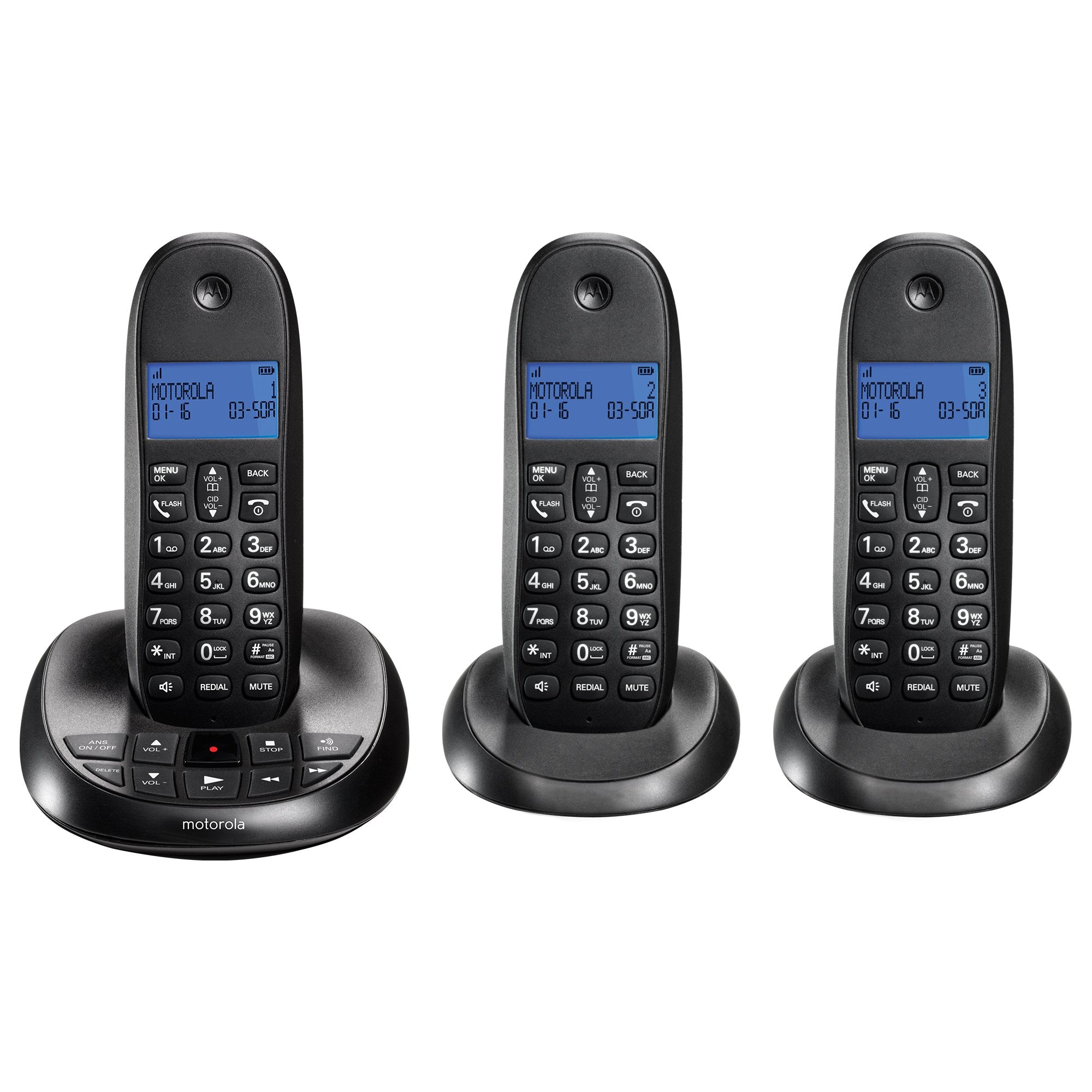 Motorola DECT 6.0 Digital Cordless Home Phone with Answering Machine and Three Handsets C1013LX