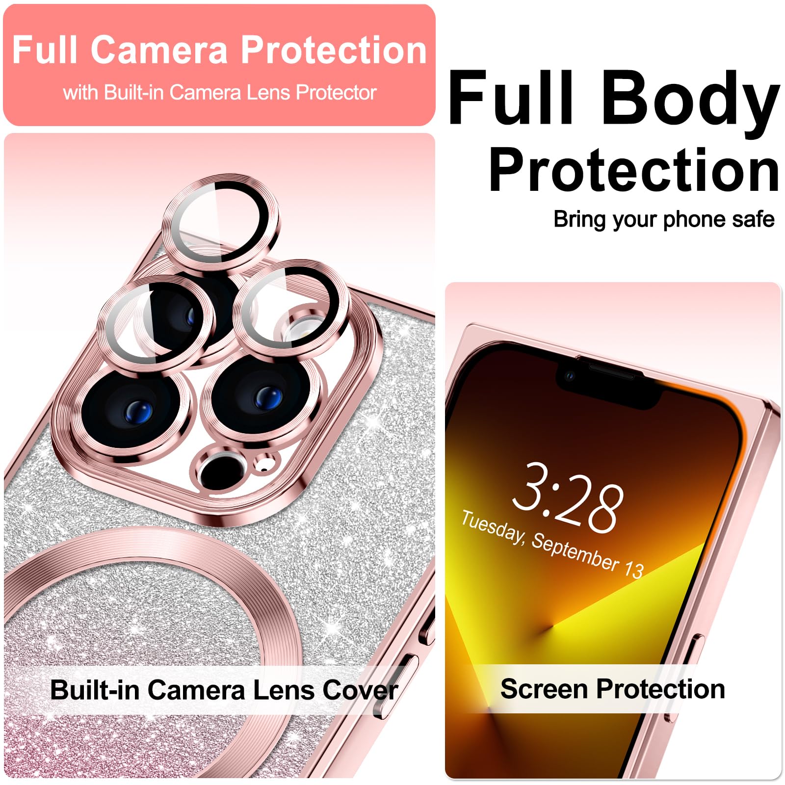 Hython For Iphone 13 Pro Case Clear Magnetic Glitter Phone Cases [Compatible With Magsafe] Full Camera Lens Protector Gradient S