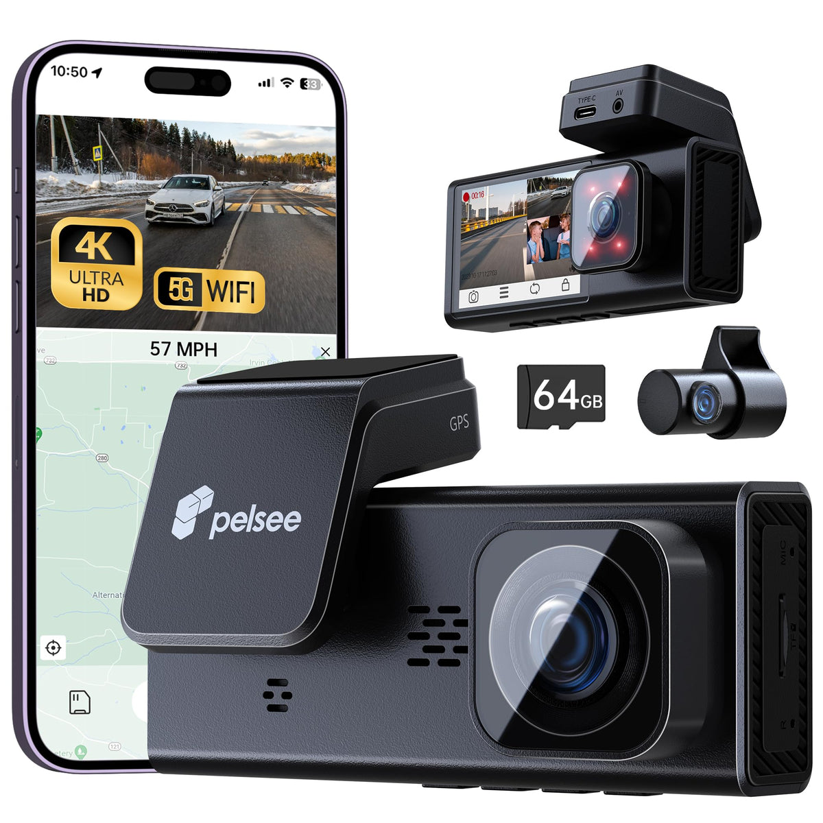 Pelsee 4K 3 Channel Dash Cam Front And Rear Inside Wifi, 64Gb Memory Card, 4K+1080P+1080P Dashcam Built In Gps, Dash Camera For