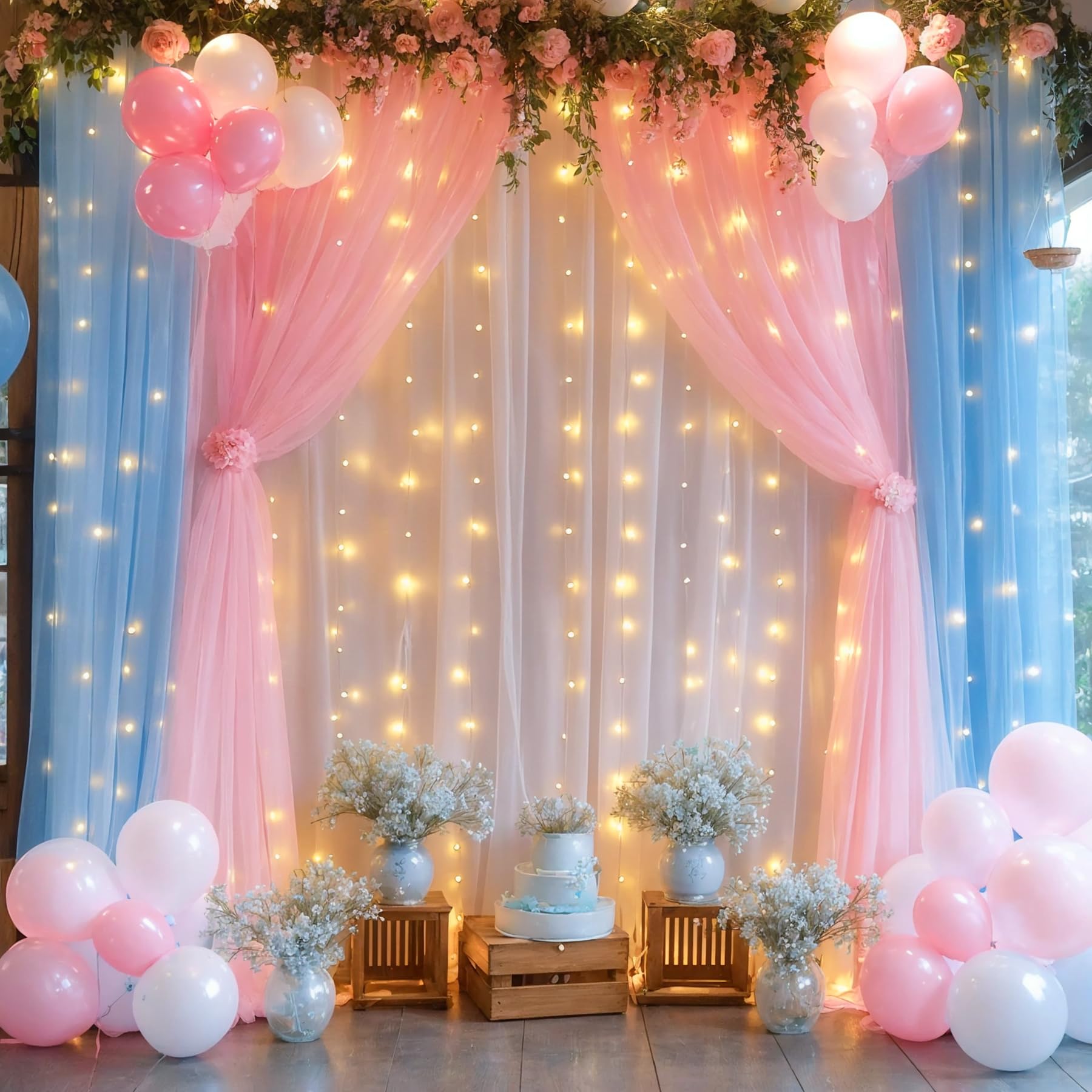 Pink Blue Sheer Tulle Backdrop Curtains With Lights String For Gender Reveal Baby Shower Decorations For Boy Or Girl Birthday Pa