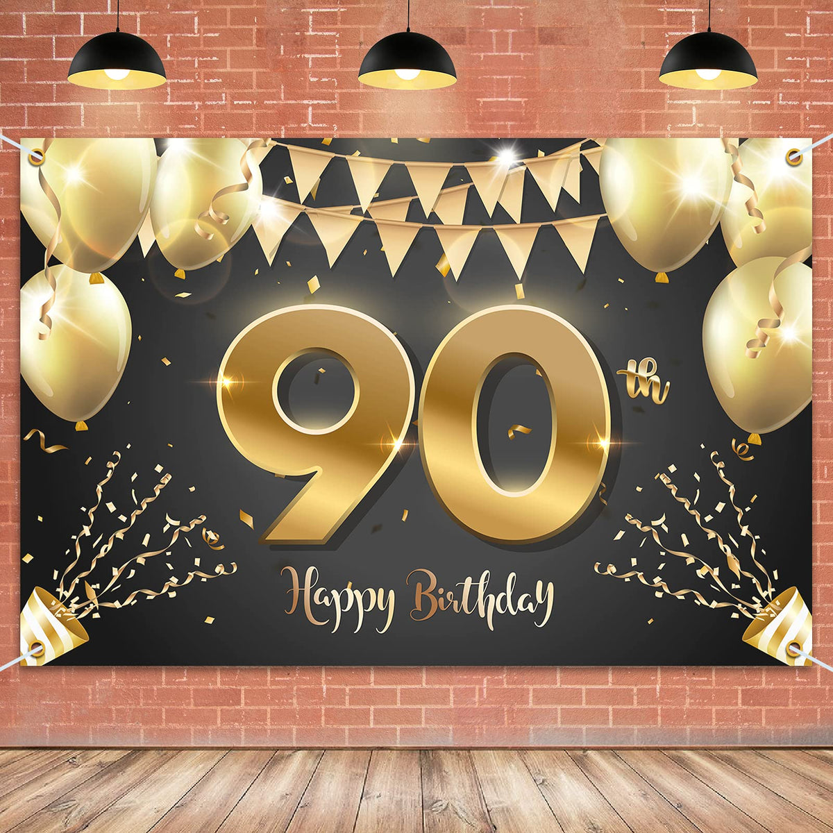 Hamigar 6X4Ft Happy 90Th Birthday Banner Backdrop   90 Years Old Birthday Decorations Party Supplies For Women Men   Black Gold