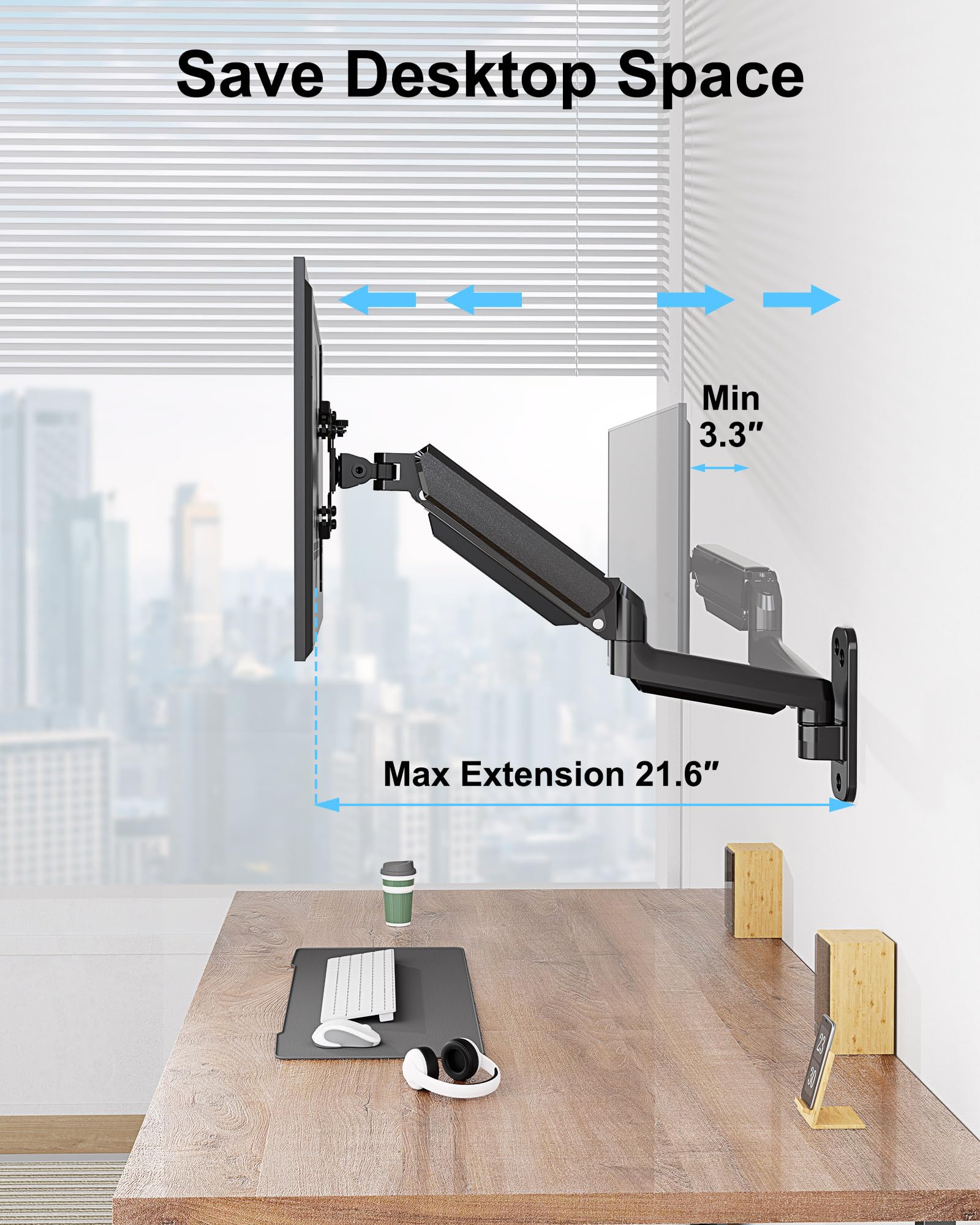 Ergofocus Monitor Wall Mount Fits Max 35 Inch/26.4Lbs Computer Screen, Ultrawide Premium Single Monitor Arm, Full Motion Gas Spr