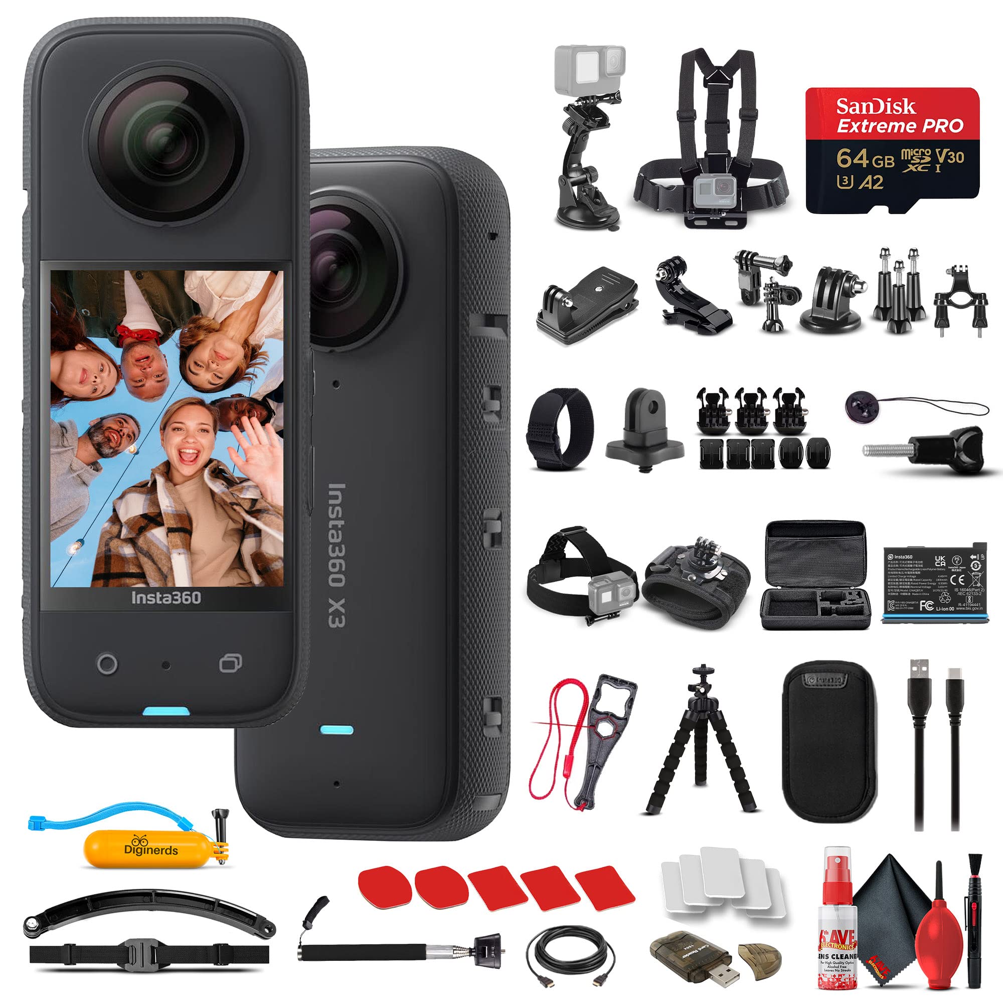 Insta360 X3 - Waterproof 360 Action Camera with 1/2 48MP Sensors, 5.7K 360 Video, 72MP 360 Photo, Stabilization, Touchscreen, + 