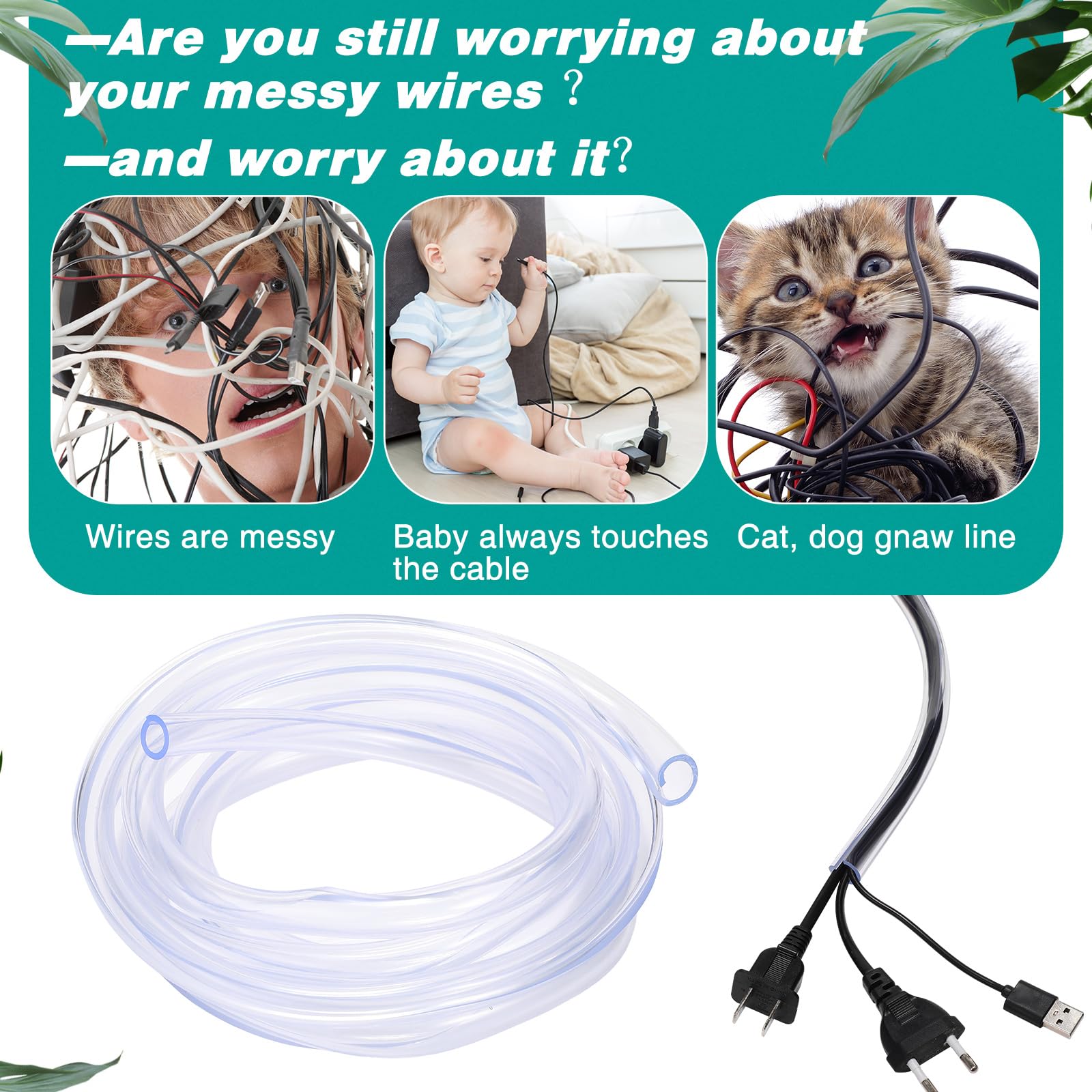 Boao Pet Anti-Chew Cord Protector PVC Clear 0.35 Inch Diameter 30 Ft Total Length