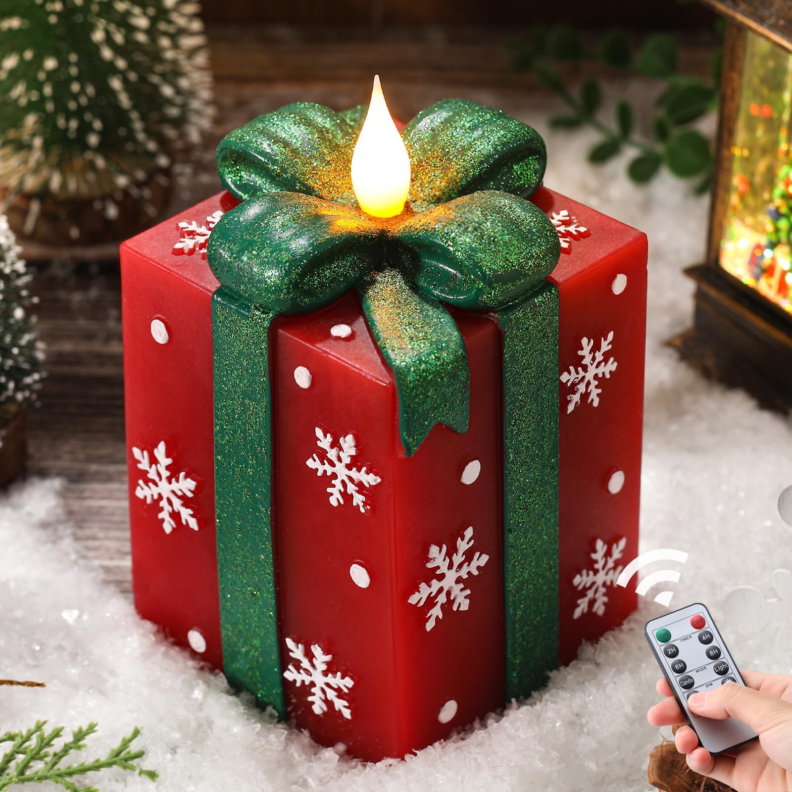LCZLUMIPRO Christmas Flameless Gift Box Candle Hand-Painted Real Wax LED Candle with Remote Timer Battery Operated Red Green Dec