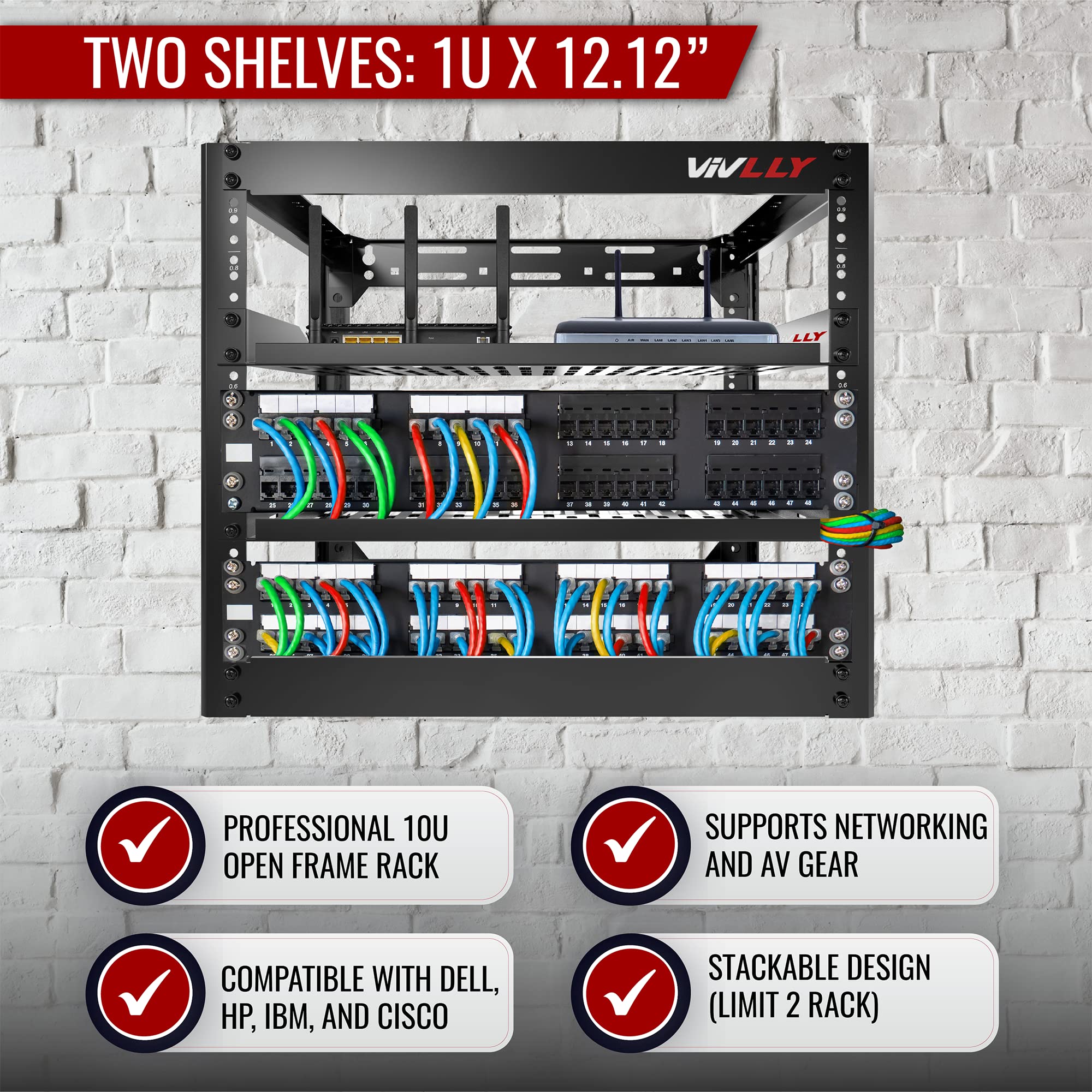 Vivlly 10U Open Frame Rack - Heavy Duty Metal for Networking, Servers, Audio/Video, Black, Wall Mounted or Floor Standing