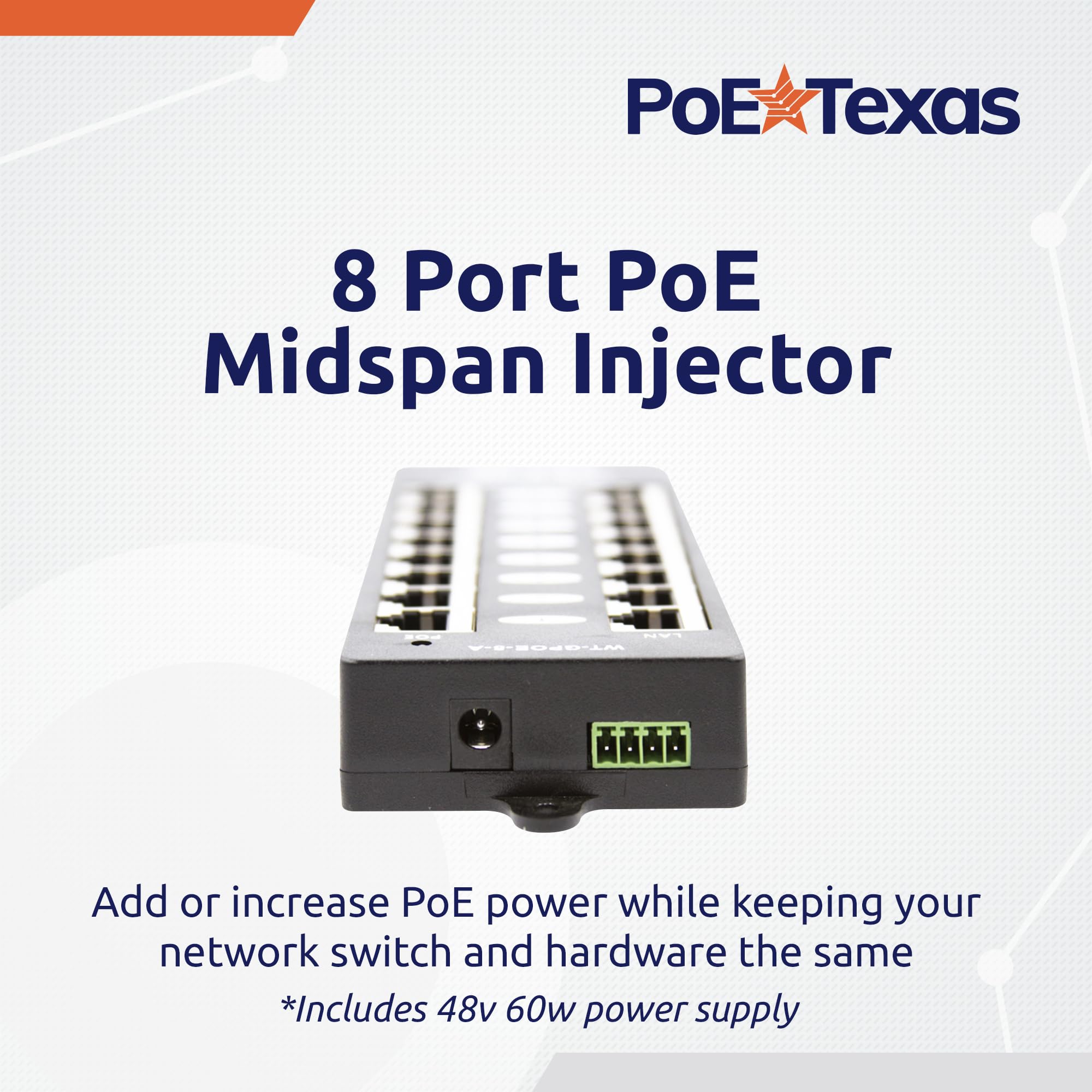 Poe Texas 8 Port Poe Injector   Gigabit Passive Power Over Ethernet Midspan   Front Wall Mount For Security Cameras, Ip Phones, Wifi Aps   Works With Non Poe Switch, Includes 48V 60W Power Supply