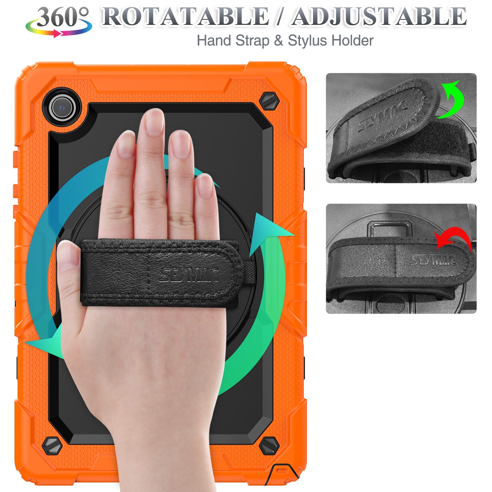 Seymac Stock 360 Hand Strap Shockproof Case For Samsung Galaxy Tab A9 Plus 11 Inch, Orange+Black