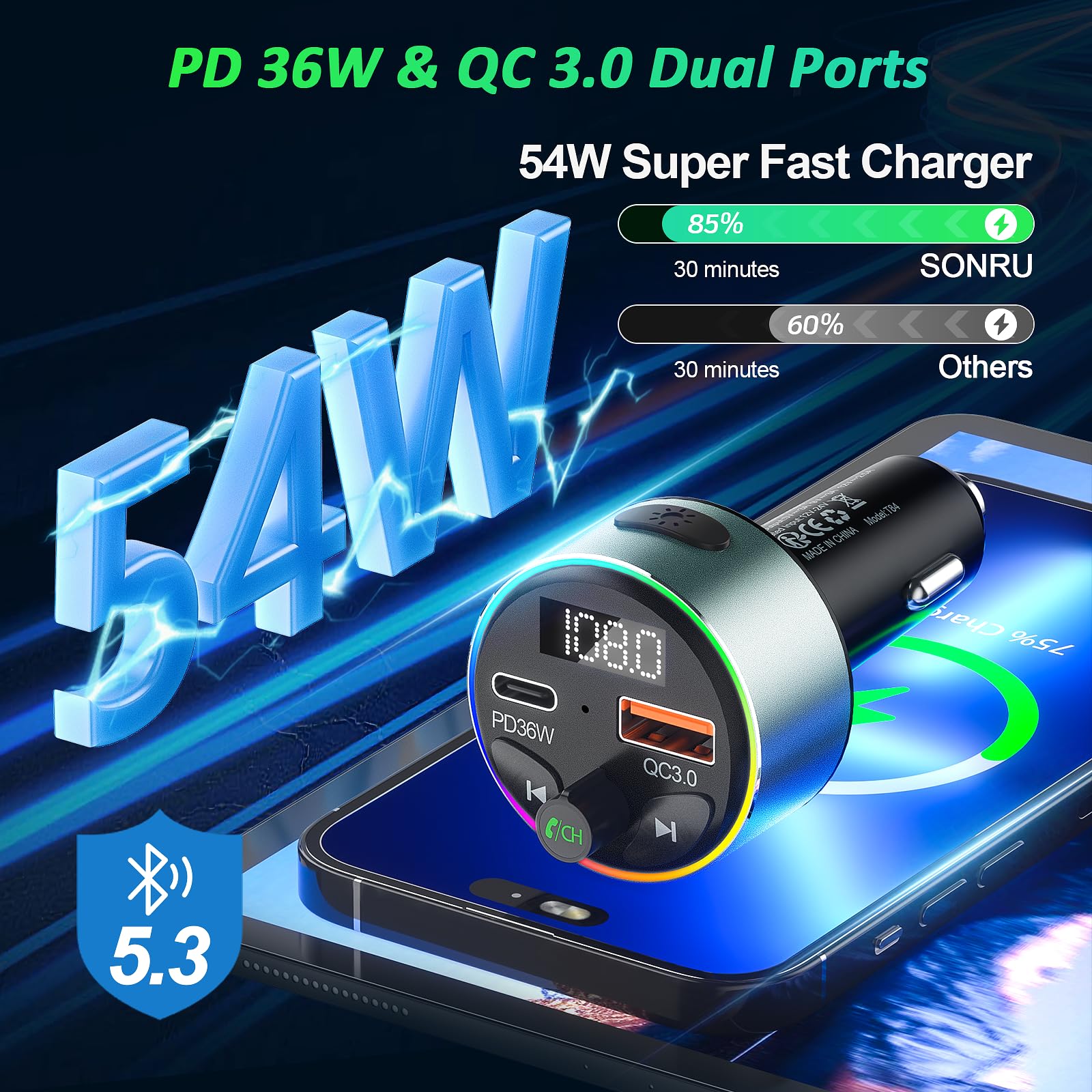 Bluetooth 5.3 Fm Transmitter Car Adapter   Soarun Fast Car Charger 54W [Pd 36W & Qc3.0 18W], Wireless Fm Radio Transmitter, 9 Co