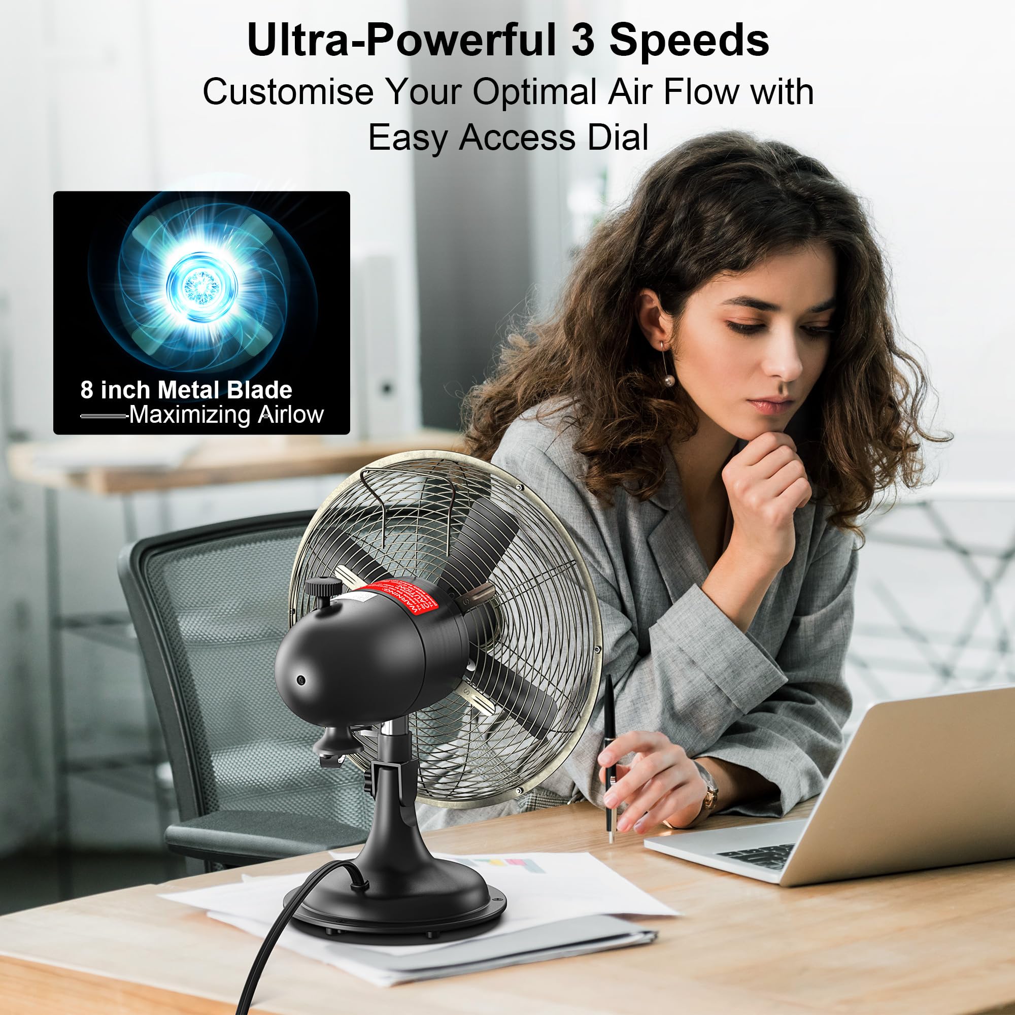 Amacool Oscillating Vintage Fan, All Metal Retro Table Top Fan, Adjustable Head Tilt, Quiet 3 Speeds Plug In Desk Fan For Bedroo