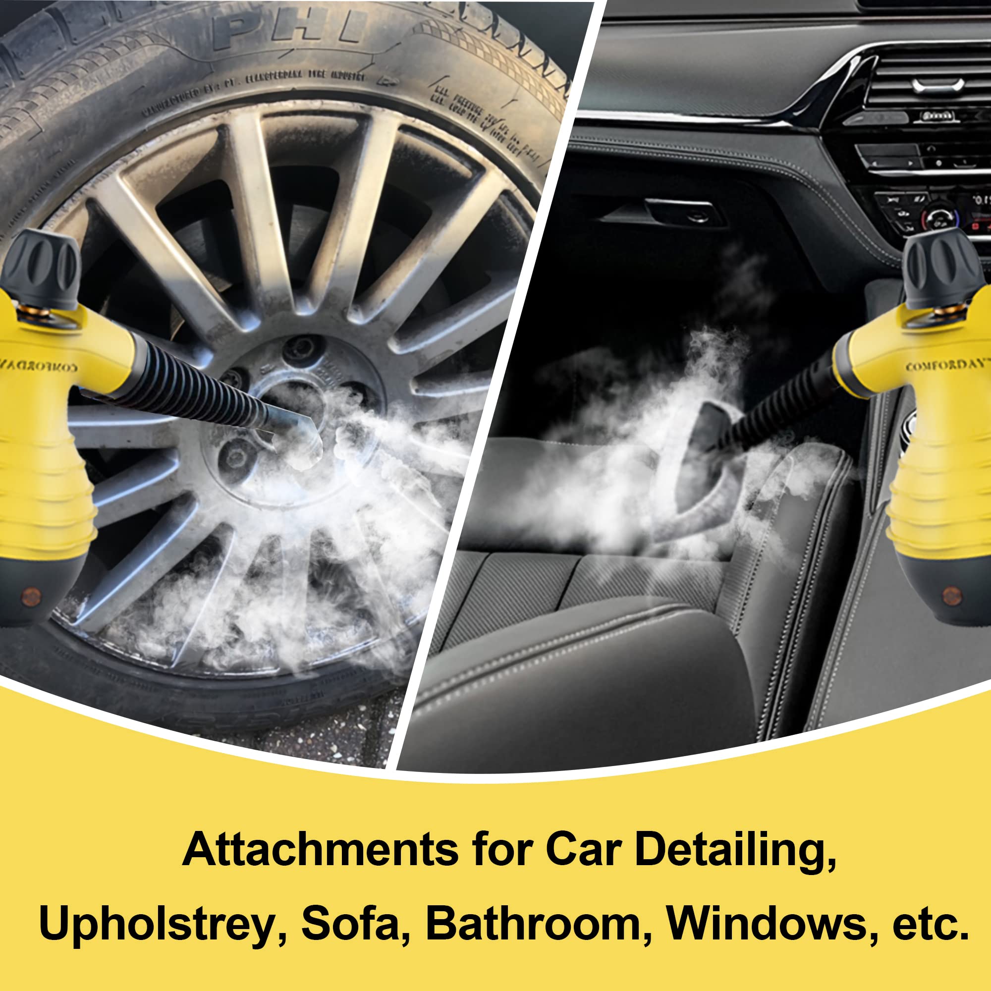Comforday Multi-Purpose Handheld Steam Cleaner - 9-Piece Accessories, Yellow, Perfect for Stain Removal, Curtains, Car Seats, and More