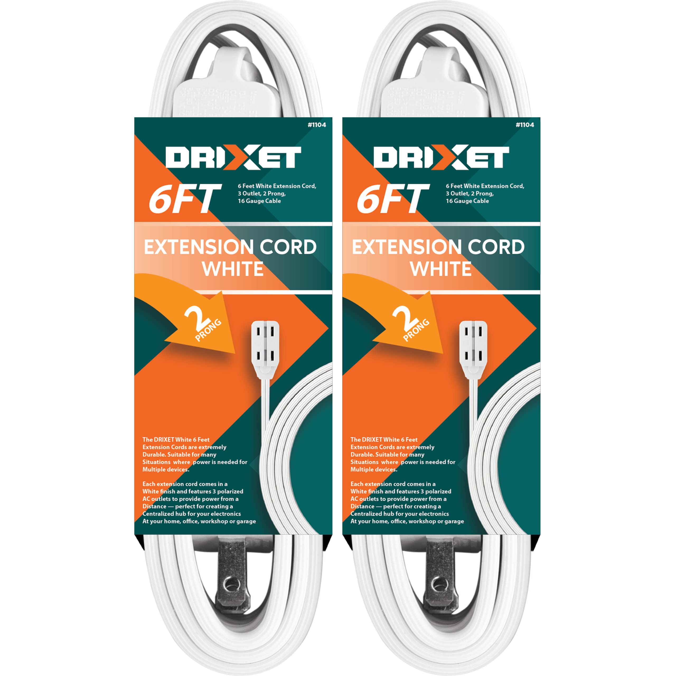 [Ul Listed] 6 Feet White Extension Cord, 3 Outlet, 2 Prong, 16 Gauge Cable, 3 Receptacle Cube Tap, Indoor Use, (2 Pack)   By Rev