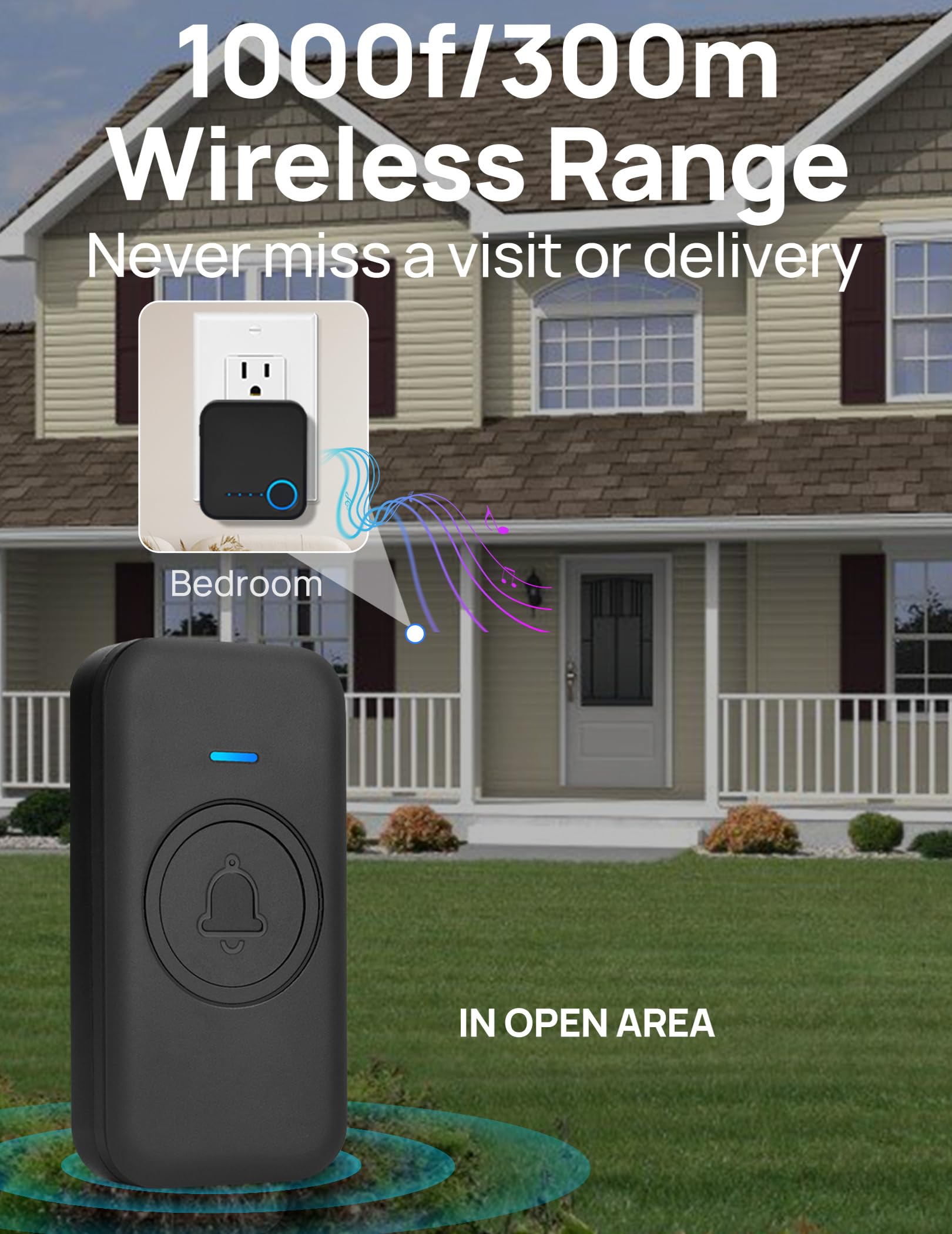 Fovksuc Wireless Doorbell, Waterproof Door Bell With 60 Chimes, 5 Levels Volume And Led Flash, 1000Ft Long Range Classroom Doorb