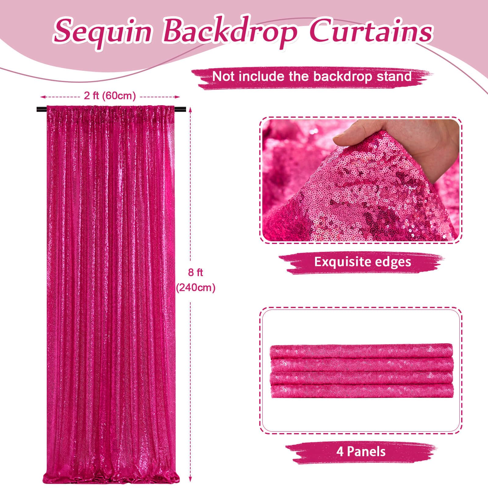 4 Pieces 2Ftx8Ft Fuchsia Sequin Backdrop Curtain Panels Stage Wedding Party Background Drapes