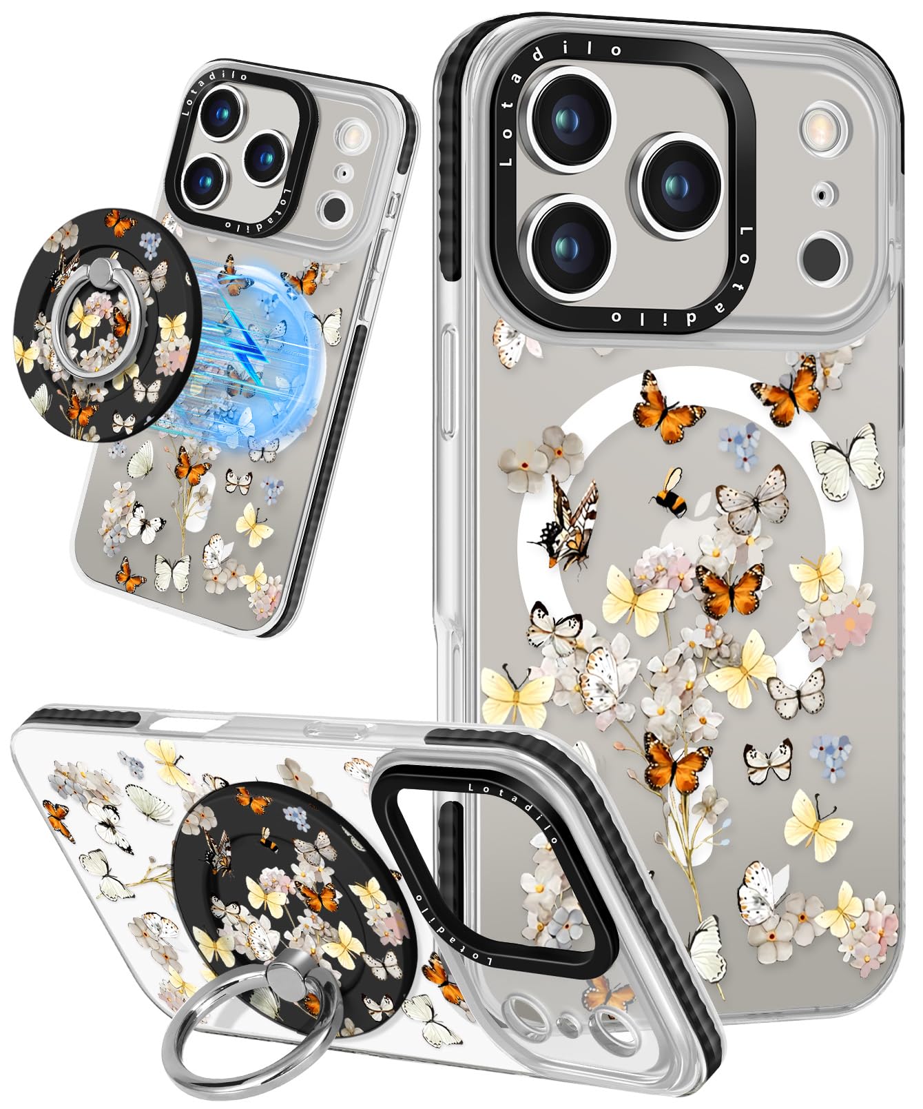 Lotadilo Case for iPhone 17 Pro Case Compatible with Magsafe Ring Holder Stand - for Women Butterfly Flower Design TPU Phone Cov