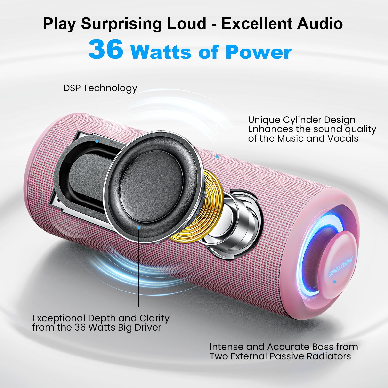Miatone Portable Bluetooth Speaker 36W Stereo Sound Bass Boost, Bluetooth 5.3 Tws Pairing (Pink)
