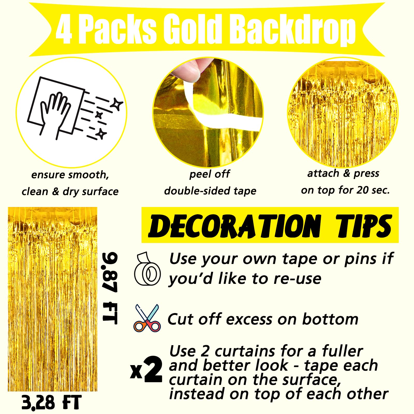 4 Pack Gold Fringe Curtain Backdrop, 3.2Ft X 9.8Ft Metallic Tinsel Foil Fringe Streamers Background For Photo Booth Birthday Wed