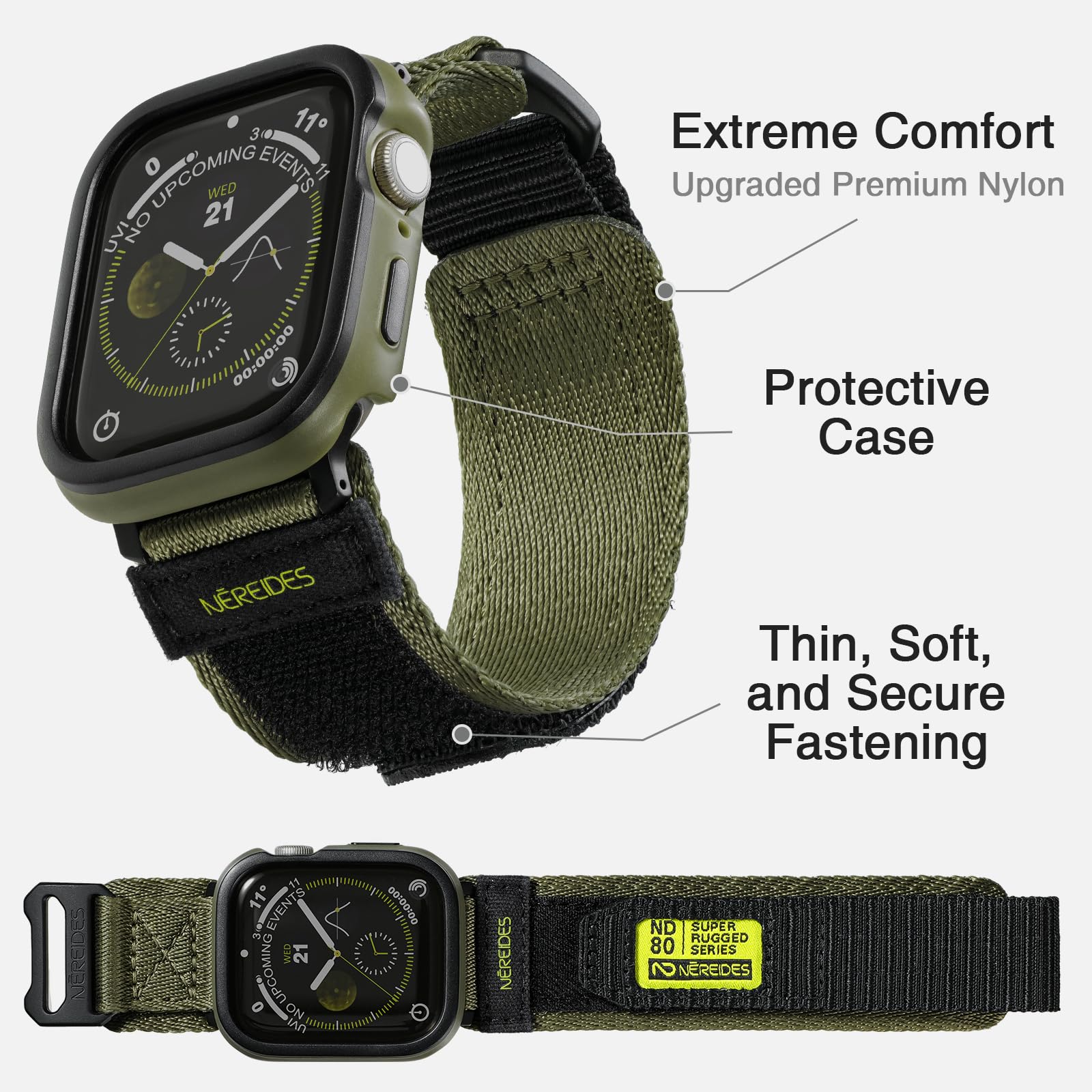 Rugged Case With Band For Apple Watch Series 9/8/7 Band 45Mm, Hook And Loop Nylon Sport Strap With Case For Iwatch Men(Army Gree