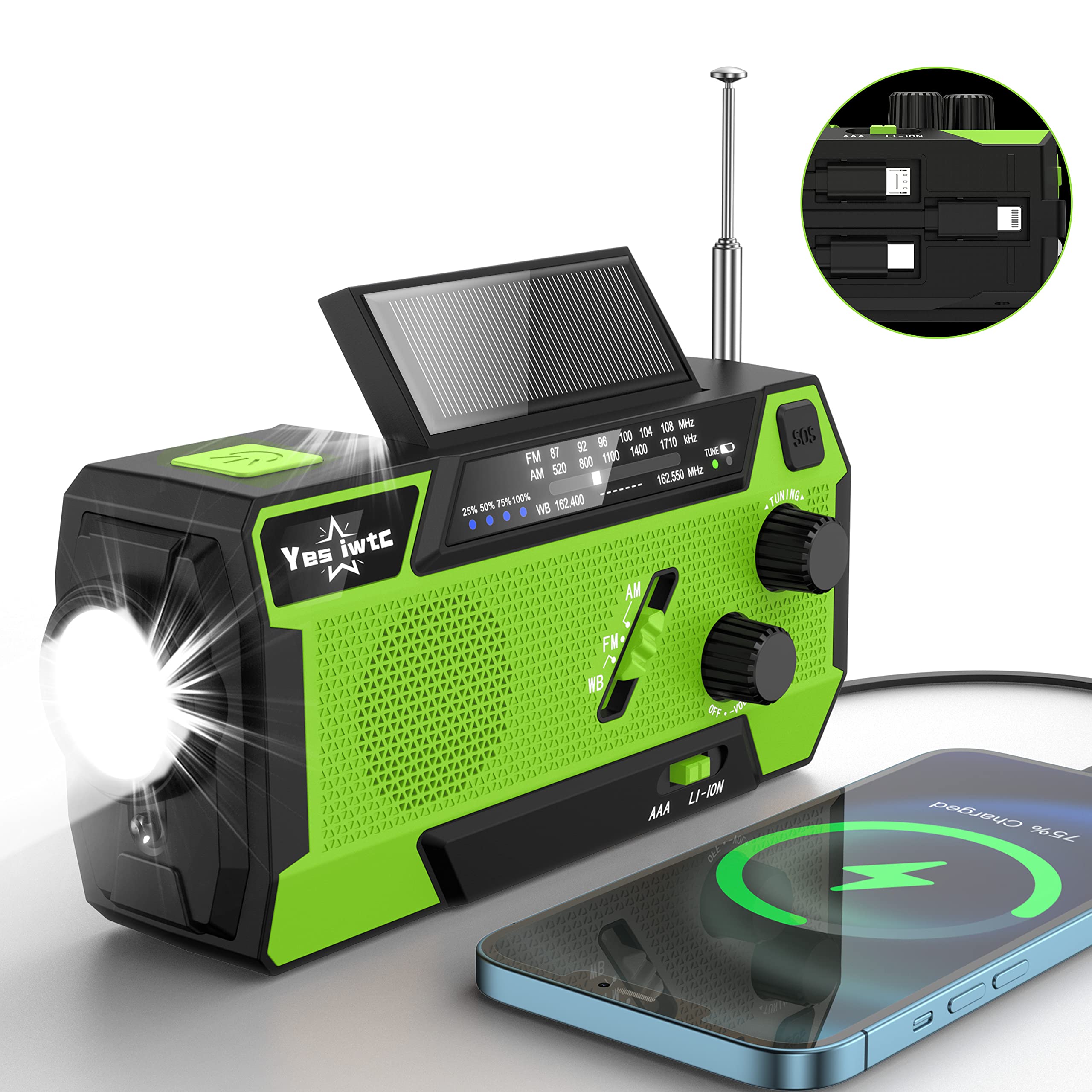 Yesiwtc 7400Mwh Noaa Emergency Weather Radio With 3 In 1 Charging Cable Emergency Radio Solar Hand Crank Alert Radio 3 Power Sup