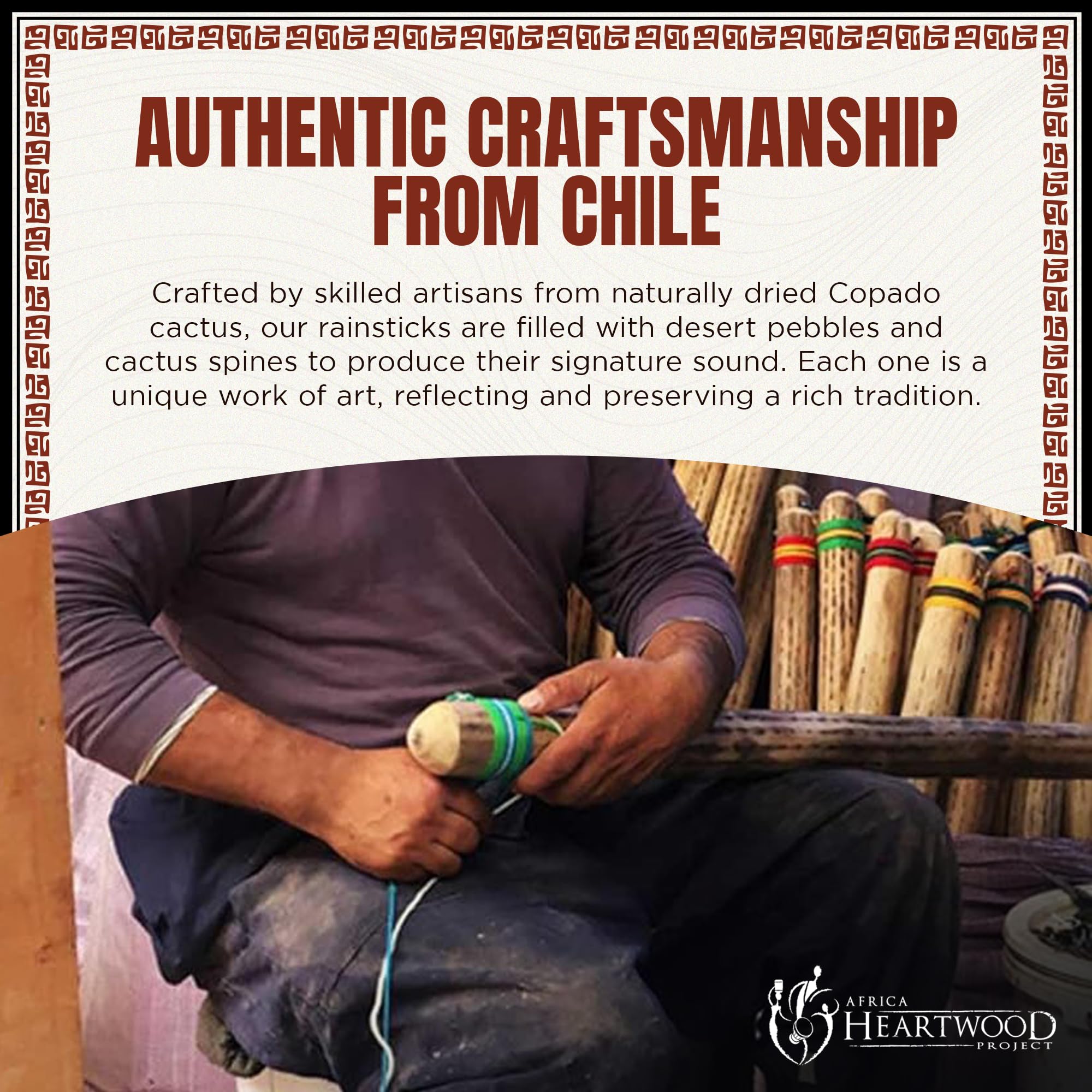 Africa Heartwood Project 20'' Cactus Rainstick From Chile   Authentic Handcrafted Rain Stick Musical Instrument With Rasta Yarn