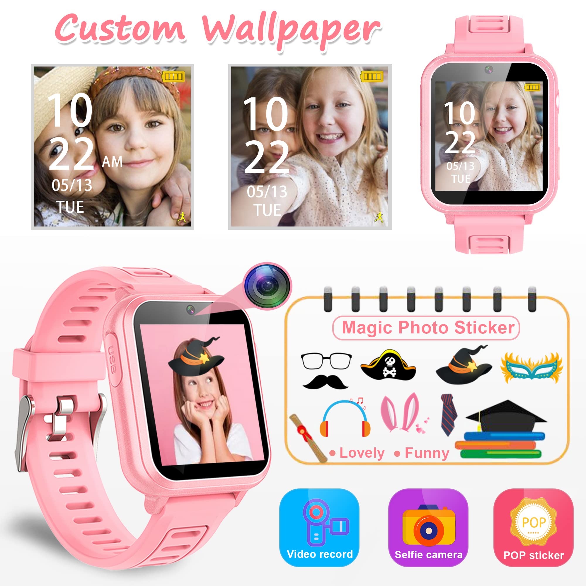 Wiszodet Smart Watch For Kids Gift For Girls Age 5-12, 1.54'' Touch Screen Watch With Hd Camera Video 24 Games Music Pedometer F