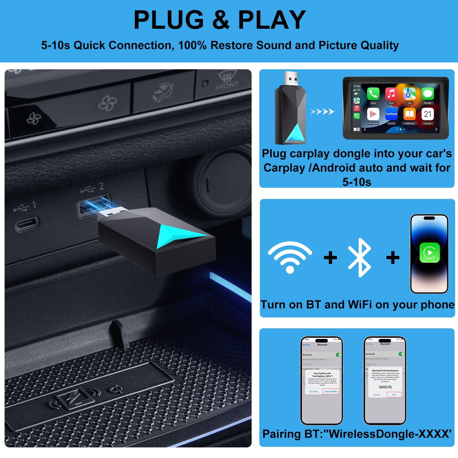 Vcarlinkplay Wireless Carplay Adapter/Android Auto, 2 In 1 Wired To Wireless Carplay Dongle Fit For Factory Wired Carplay/Androi